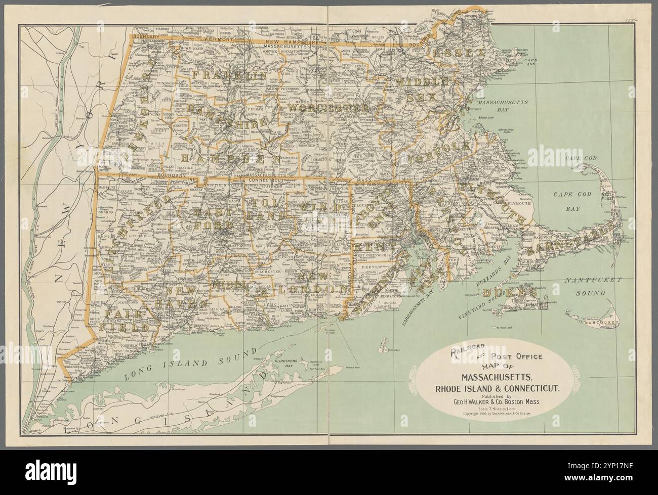 Carte des chemins de fer et des bureaux de poste du Massachusetts, Rhode Island et Connecticut 1895 Banque D'Images