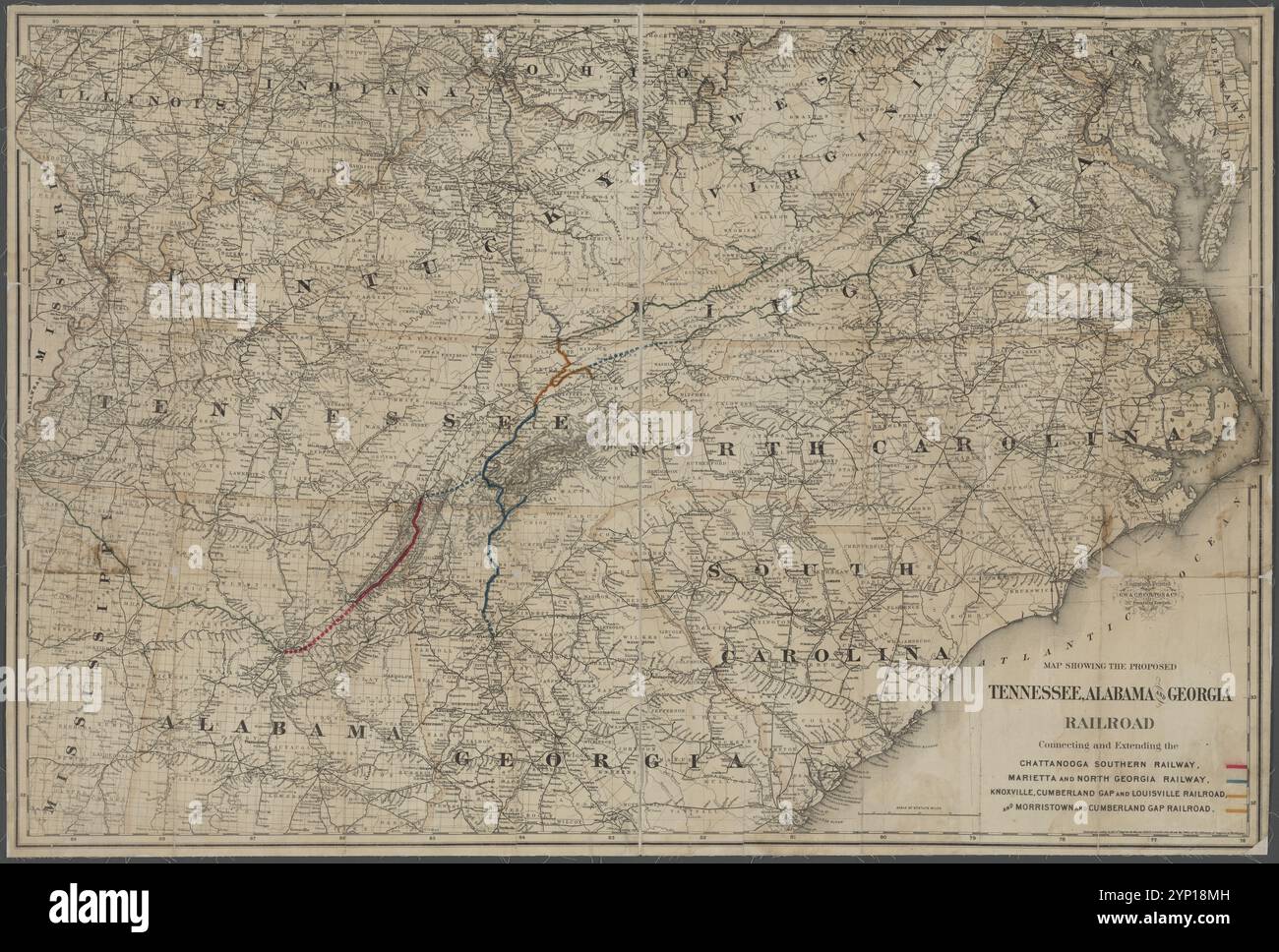 Carte montrant le projet de chemin de fer du Tennessee, de l'Alabama et de la Géorgie : raccordement et extension du Chattanooga Southern Railway, du Marietta and North Georgia Railway, du Knoxville, du Cumberland Gap and Louisville Railroad, et du Morristown and Cumberland Gap Railroad 1892 par G.W. & C.B. Colton & Co. Banque D'Images