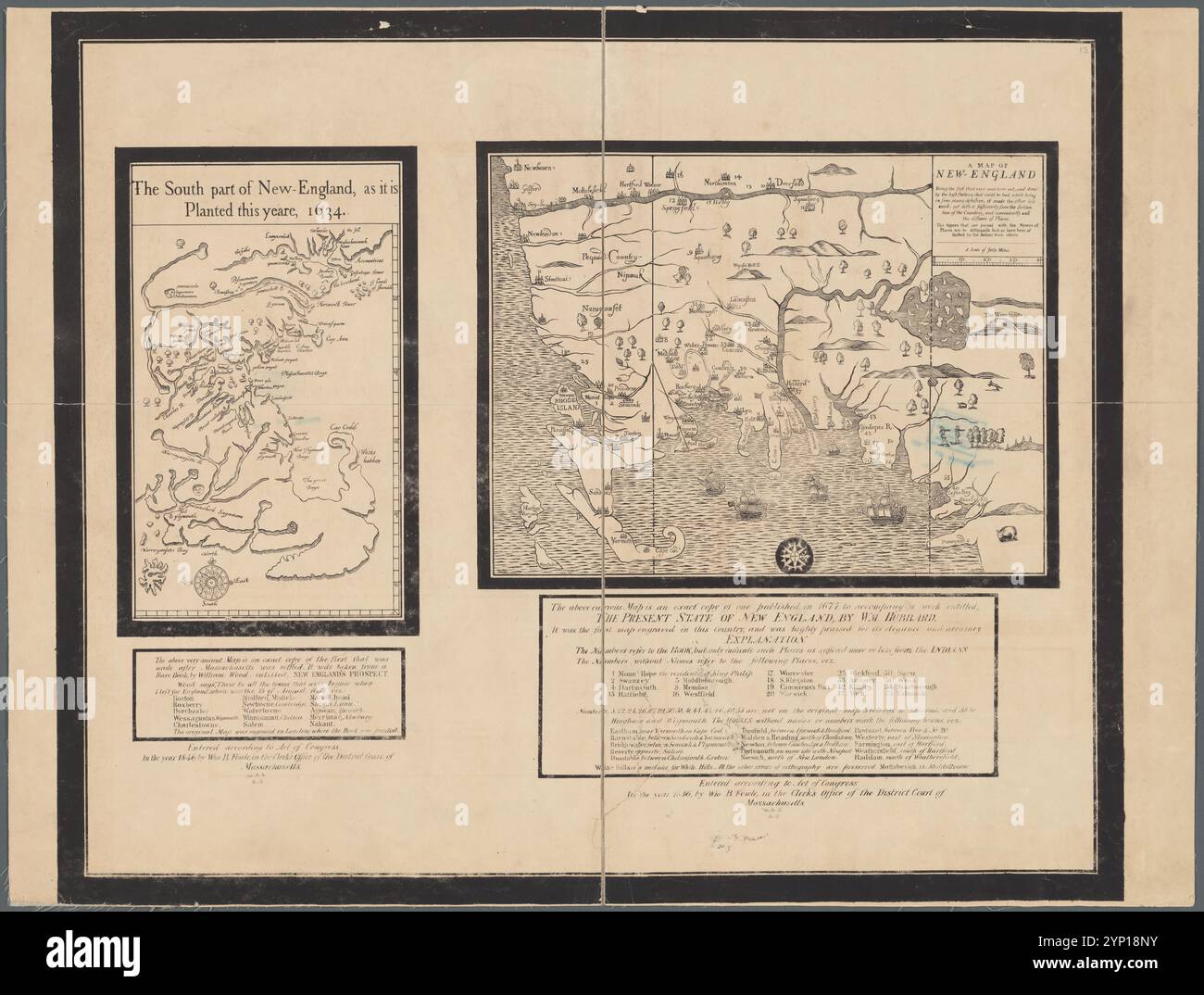 La partie sud de la Nouvelle-Angleterre, comme il est planté ce yeare, 1634 : une carte de la Nouvelle-Angleterre : étant le premier qui ait jamais été ici coupé, et fait par le meilleur motif qui pourrait être eu, qui étant dans certains endroits défectueux, il a rendu l'autre moins exact : pourtant doth il a suffisamment shew la scituation du comté, et commodément bien la distance des lieux 1846 par Wood, William, actif 1629-1635 Banque D'Images