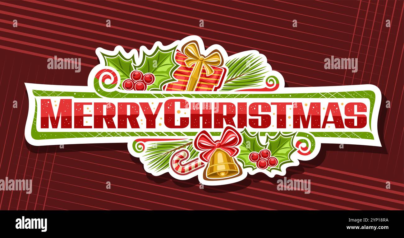 Logo vectoriel pour Joyeux Noël, invitation décorative avec décoration de noël de dessin animé, badge horizontal avec surprise pour enfants et cloche dorée W. Illustration de Vecteur