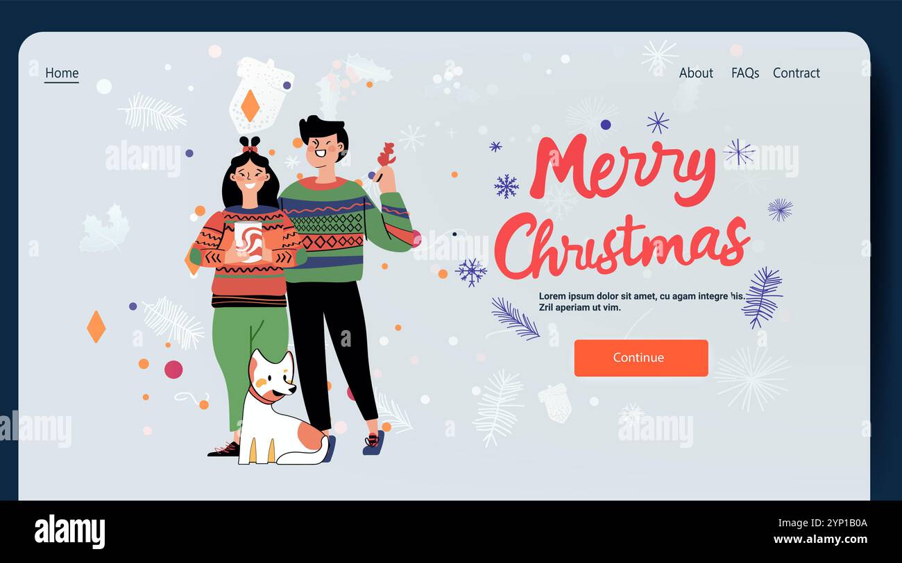Couple de Noël avec chien célébrant les vacances dans des chandails festifs entourés d'éléments d'hiver flocons de neige et feuilles de conception de site Web Illustration de Vecteur