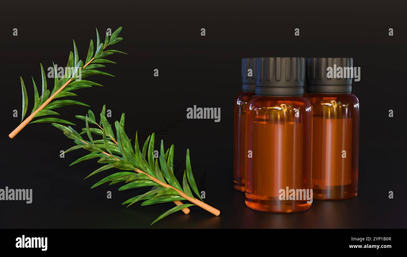 Le rendu 3d de Melaleuca alternifolia ou feuilles d'arbre à thé et des bouteilles de verre brun sont souvent utilisés pour stocker des huiles essentielles comme l'huile d'arbre à thé. Banque D'Images