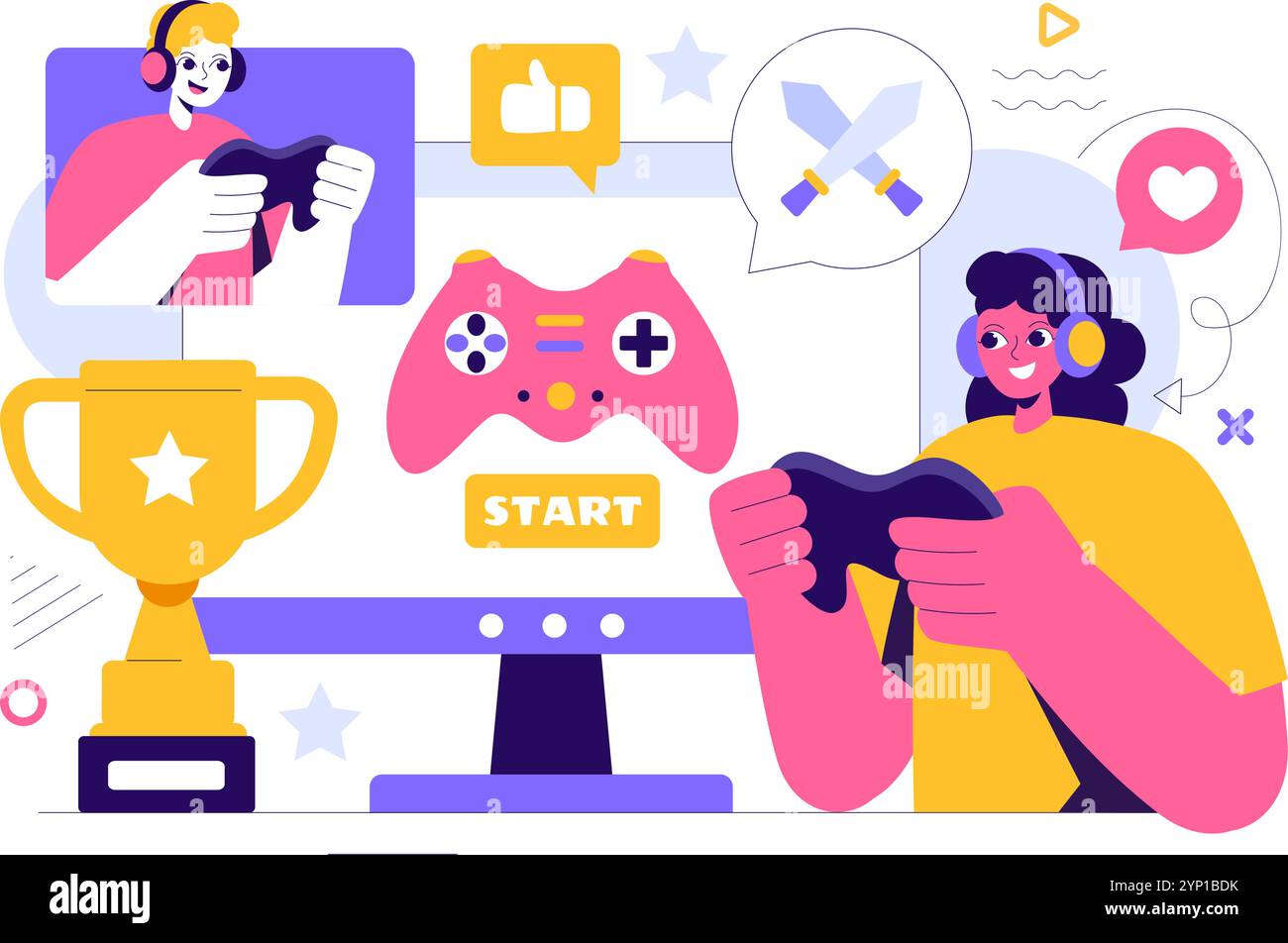 E-sports illustration vectorielle mettant en vedette un joueur en réalité virtuelle, jouant à des jeux en ligne sur consoles ou utilisant un joystick avec une manette de jeu en arrière-plan Illustration de Vecteur