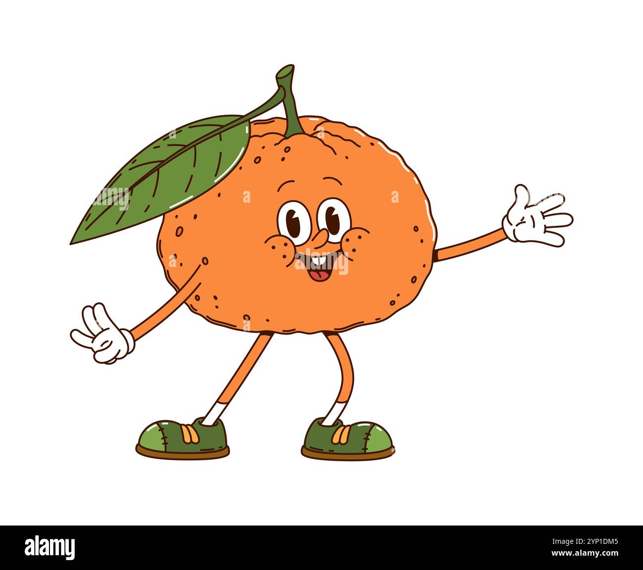 Dessin animé groovy mandarine fruit personnage danse énergiquement exsudant un sentiment d'excitation et de plaisir. Vecteur isolé mûr et joyeux orange tropicale ou mandarine agrume personnage rétro en baskets Illustration de Vecteur