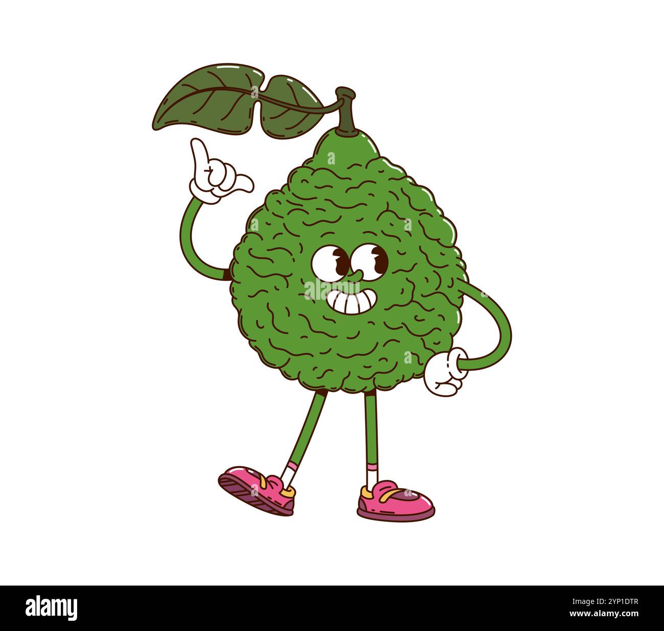 Personnage de bergamote groovy de dessin animé. Vecteur isolé plante fraîche d'agrumes bergamia rétro personnage avec peau verte ridée, véhiculant le bonheur et l'énergie, favorise une alimentation saine et des vibrations funky Illustration de Vecteur