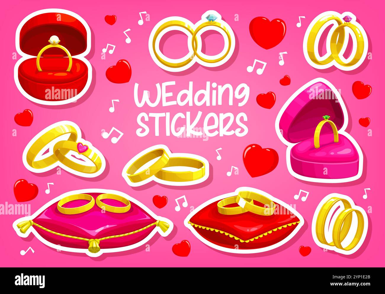 Mariage, fiançailles et anneaux de mariage autocollants paquet sur fond de vecteur de coeurs roses. Boîtes-cadeaux de dessin animé et oreillers d'affichage de bijoux avec des bagues de mariage et de fiançailles en or avec des pierres précieuses en diamant Illustration de Vecteur