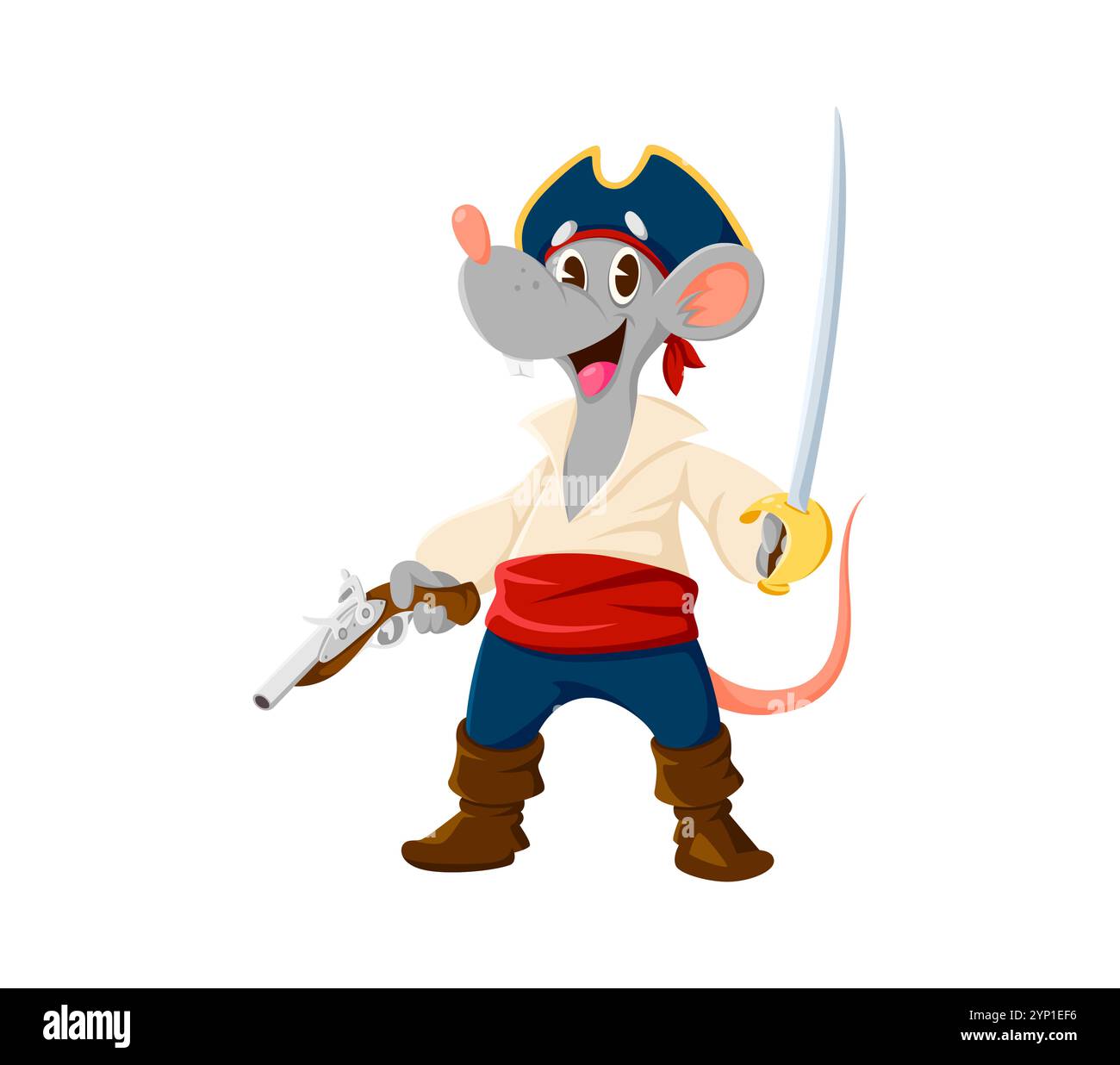 Animal pirate de rat ou de souris de dessin animé et caractère corsaire. Vecteur isolé charmant et courageux rongeur marin ou capitaine Kids Story personnage avec épée et pistolet, prêt pour l'aventure en haute mer Illustration de Vecteur