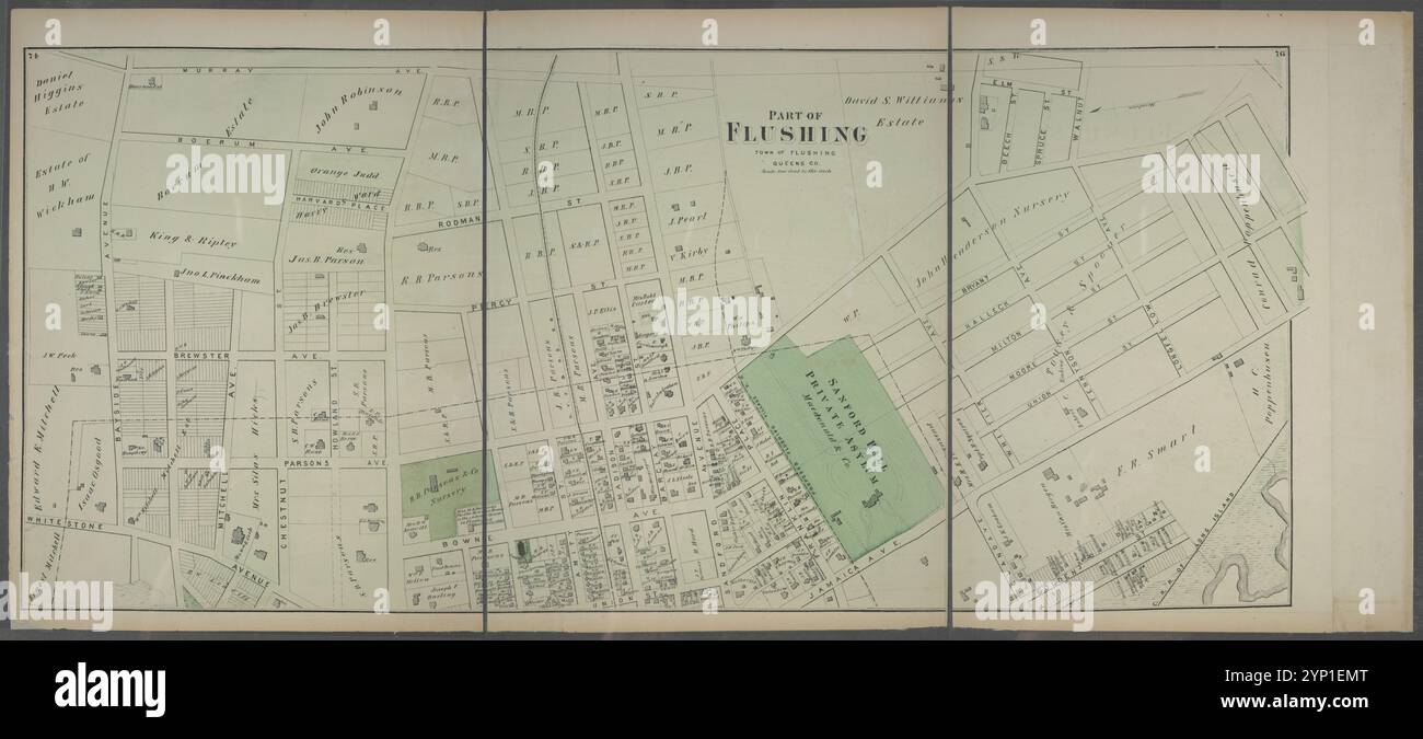 Fait partie du rinçage. Ville de Flushing, Queens Co. [inclut Boerum Avenue, Brewster Avenue, Parsons Avenue, Sanford Avenue, Jamaica Avenue, Ireland Avenue, Whittier Avenue, Tennyson Avenue et Longfellow Avenue.] 1873 par Beers, F. W. (Frederick W.) Banque D'Images