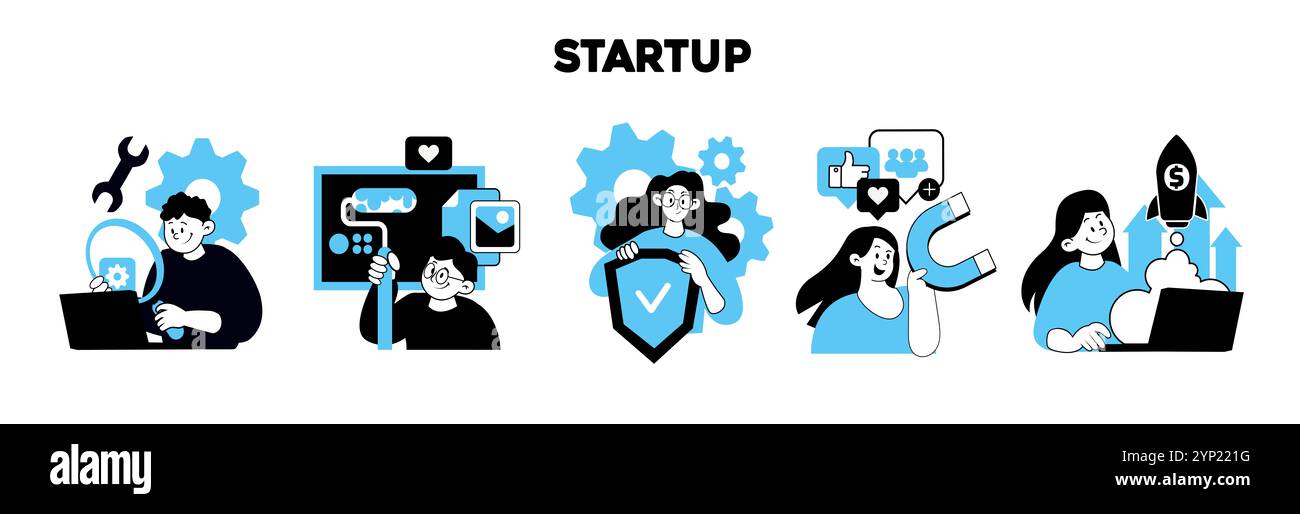 commerce en ligne, démarrage, gestion, développement de projet, ensemble d'illustration Banque D'Images