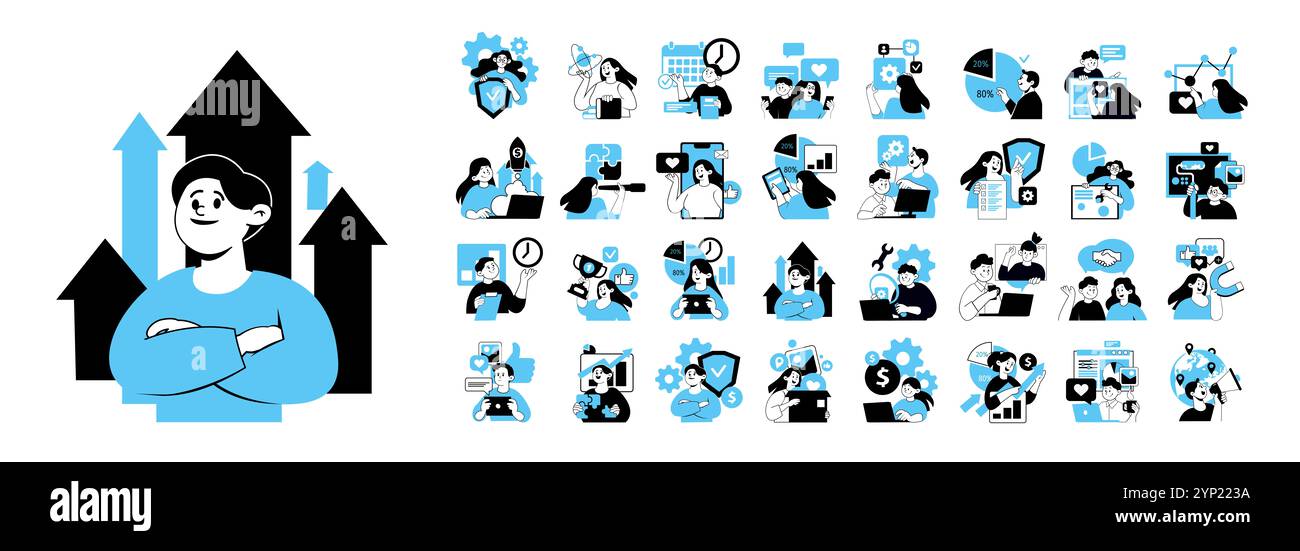 Ensemble d'illustration de gens d'affaires et diverses activités de gestion d'entreprise et de projet, communication en ligne, finance, marketing. Banque D'Images