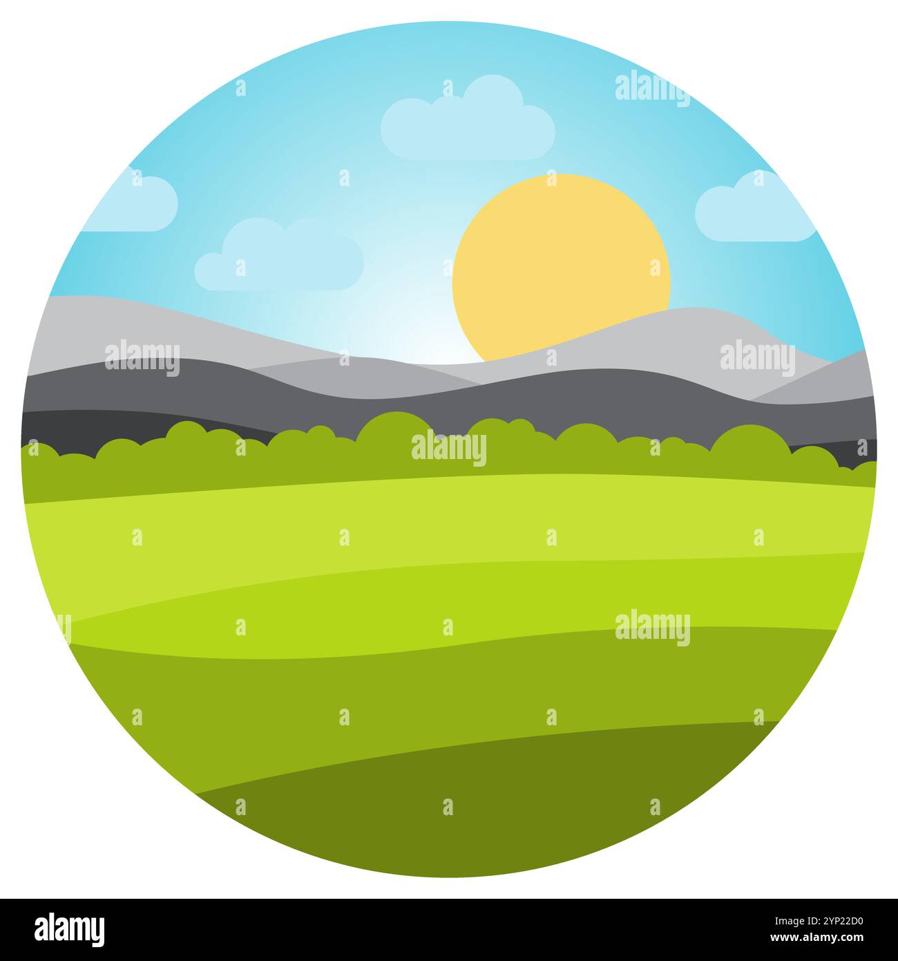 Paysage vectoriel avec champ et montagnes en cercle. . Tôt le matin avec le lever du soleil à l'horizon. Illustration vectorielle. Illustration de Vecteur