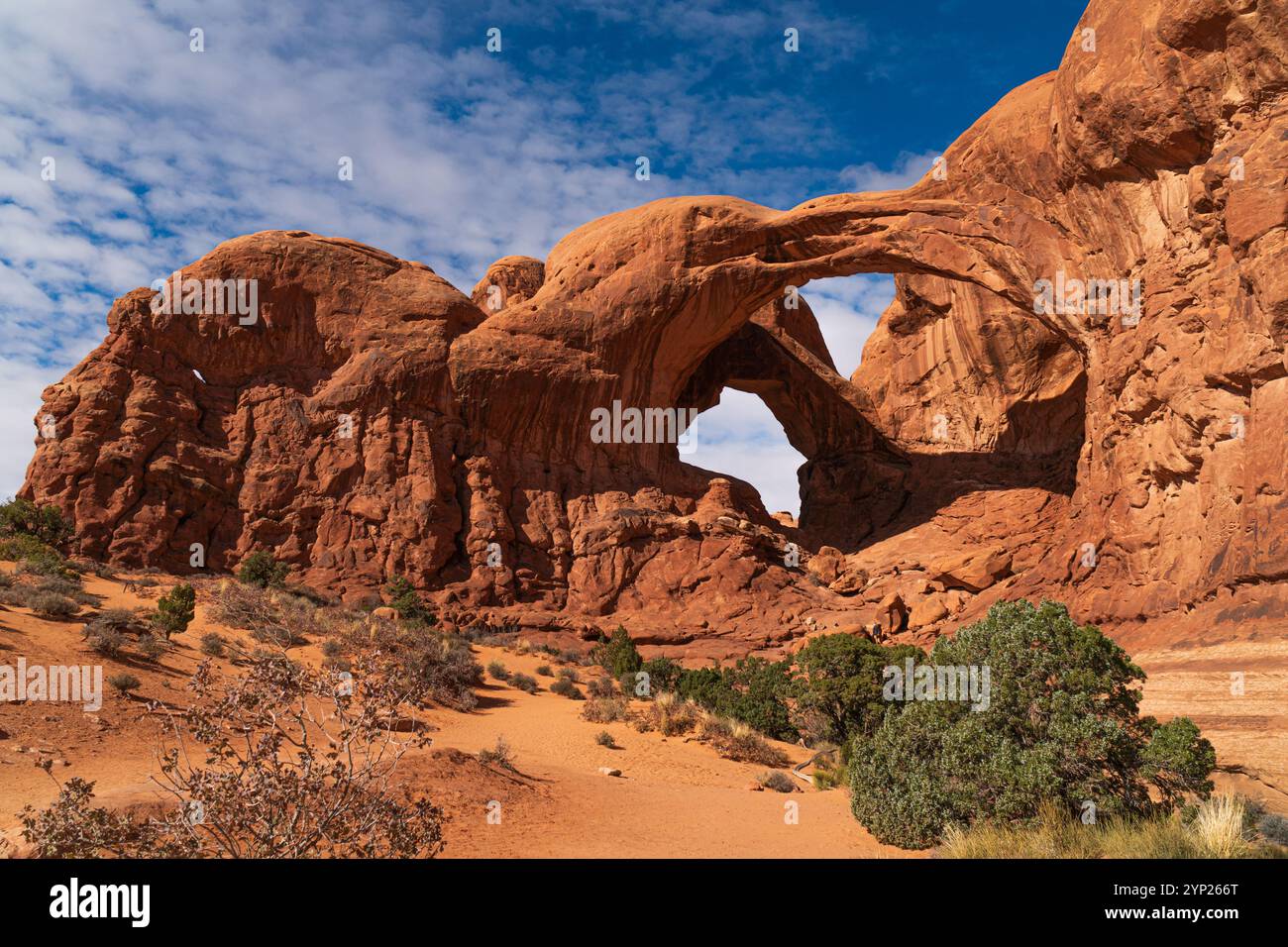 Formation rocheuse en grès à double arche dans le parc national des Arches près de Moab, Utah, montrant d'immenses spans de pierre sous un ciel bleu partiellement nuageux Banque D'Images