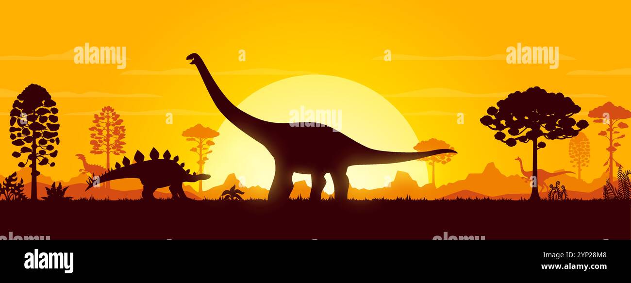 Silhouettes géantes de dinosaures sur le paysage de coucher de soleil dans la forêt de l'ère jurassique, fond vectoriel. Silhouette de lézard de dinosaures dans le paysage préhistorique de dessin animé du coucher de soleil de la vallée de montagne pour le musée de paléontologie Illustration de Vecteur