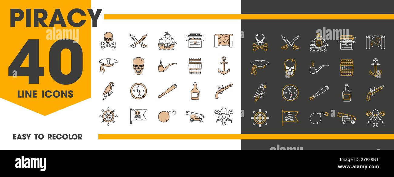 Icônes de ligne de pirates des Caraïbes. Corsaires et filibuster, trésor et crâne, carte et symboles d'armes. Ensemble vectoriel de signes linéaires sur le thème du piratage. Pipe à fumer, épées, navire, coffre à butin, ancre et perroquet Illustration de Vecteur