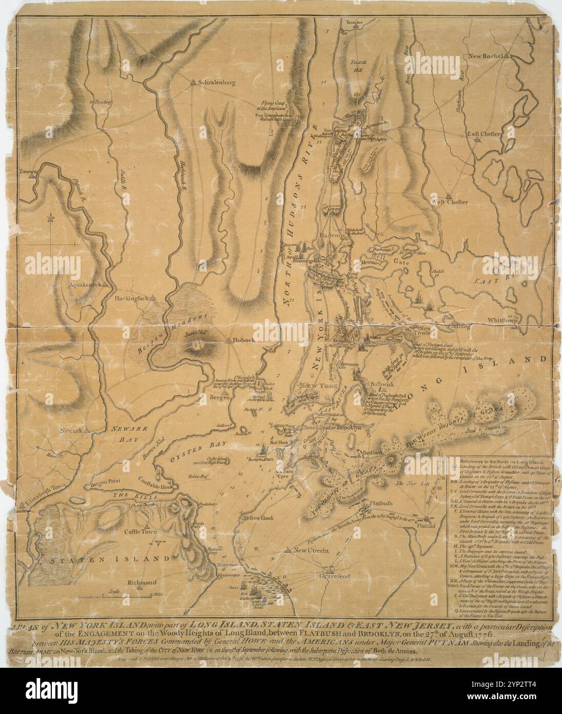 Un plan de l'île de New York, avec une partie de long Island, Staten Island et l'est du New Jersey : avec une description particulière de l'engagement sur les hauteurs boisées de long Island, entre Flatbush et Brooklyn, le 27 août 1776 entre les forces de sa Majesté commandées par le général Howe et les Américains sous le commandement du major général Putnam, qui renvoient également au débarquement de l'armée britannique sur l'île de New-York, et la ville de New-York Le 15 septembre suivant, avec la disposition ultérieure des deux armées 1776-10-19 par Faden, William, 1749-1836 Banque D'Images