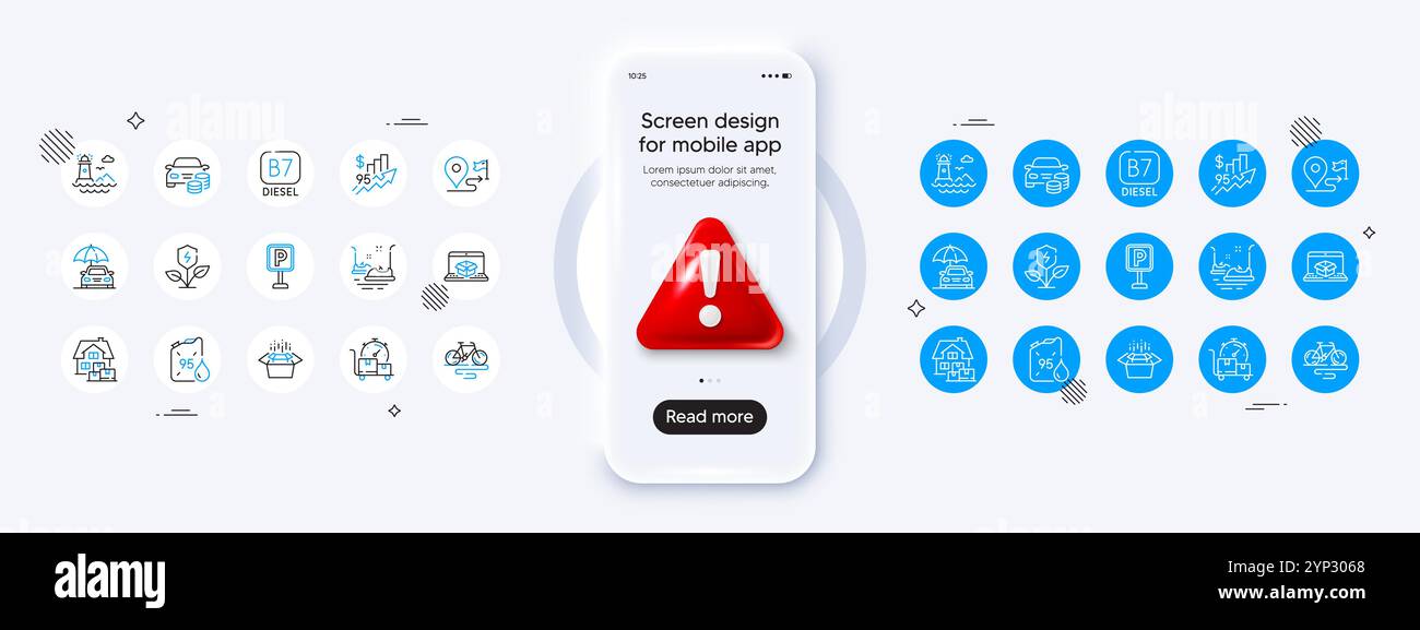 Acheter des icônes de ligne voiture, voyage et phare. Pour l'application Web, impression. Maquette de téléphone avec icône danger 3D. Vecteur Illustration de Vecteur
