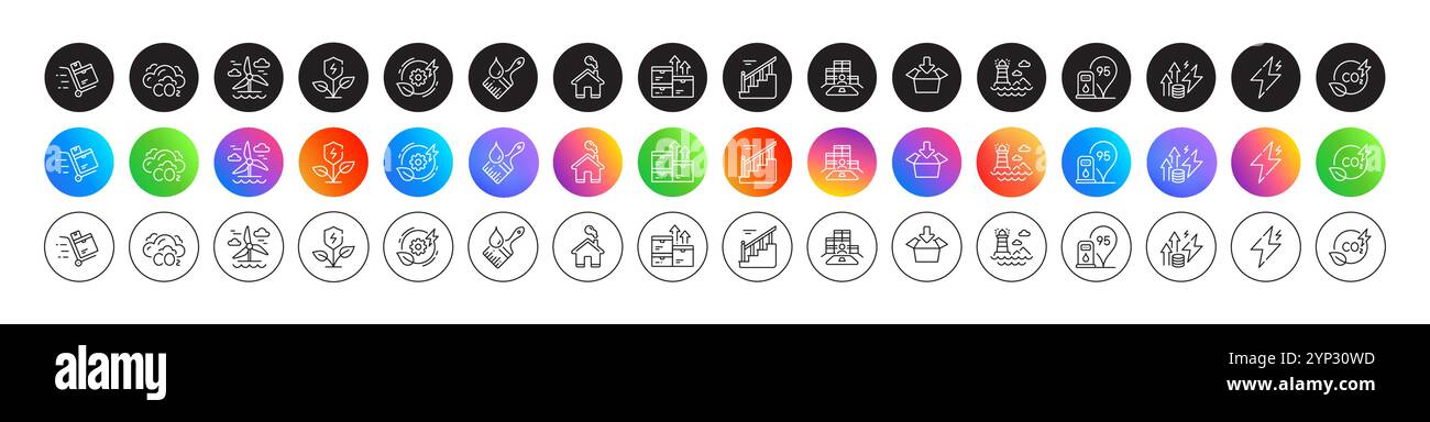 Icônes d'énergie verte, de CO2 et de ligne d'accueil. Pour l'application Web, impression. Boutons ronds à icônes. Vecteur Illustration de Vecteur
