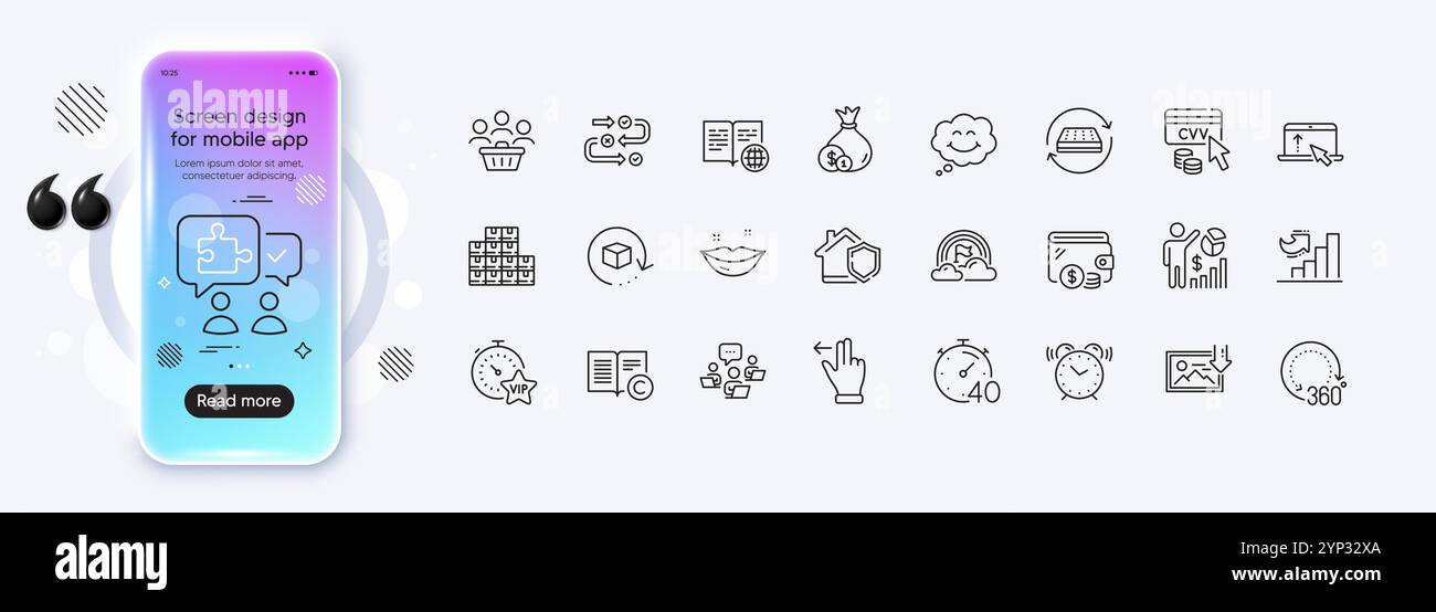 Gestes tactiles, lèvres et icônes de ligne de sourire pour l'application Web. Icône de pictogramme. Écran dégradé de la maquette de téléphone. Vecteur Illustration de Vecteur