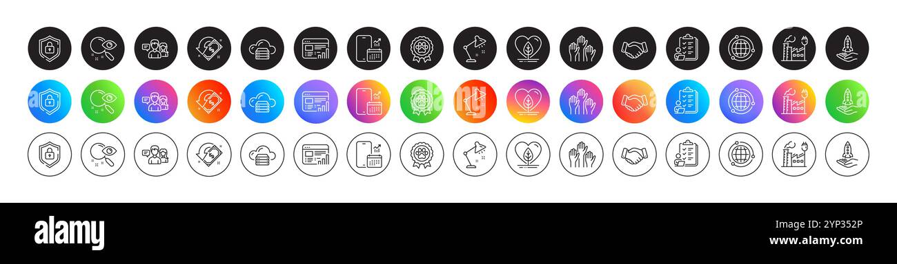 Poignée de main des employés, calendrier téléphonique et icônes de lignes locales. Pour l'application Web, impression. Boutons ronds à icônes. Vecteur Illustration de Vecteur