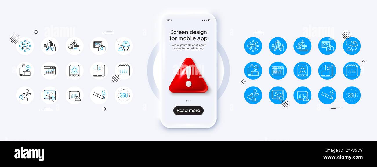 Icônes de récupération des bagages, d'inclusion et de ligne d'appareil photo. Pour l'application Web, impression. Maquette de téléphone avec icône danger 3D. Vecteur Illustration de Vecteur
