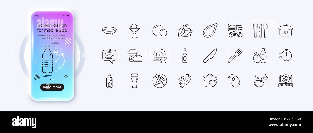 Verre à bière, précommande de nourriture et icônes de ligne de nourriture pour l'application Web. Icône de pictogramme. Écran dégradé de la maquette de téléphone. Vecteur Illustration de Vecteur