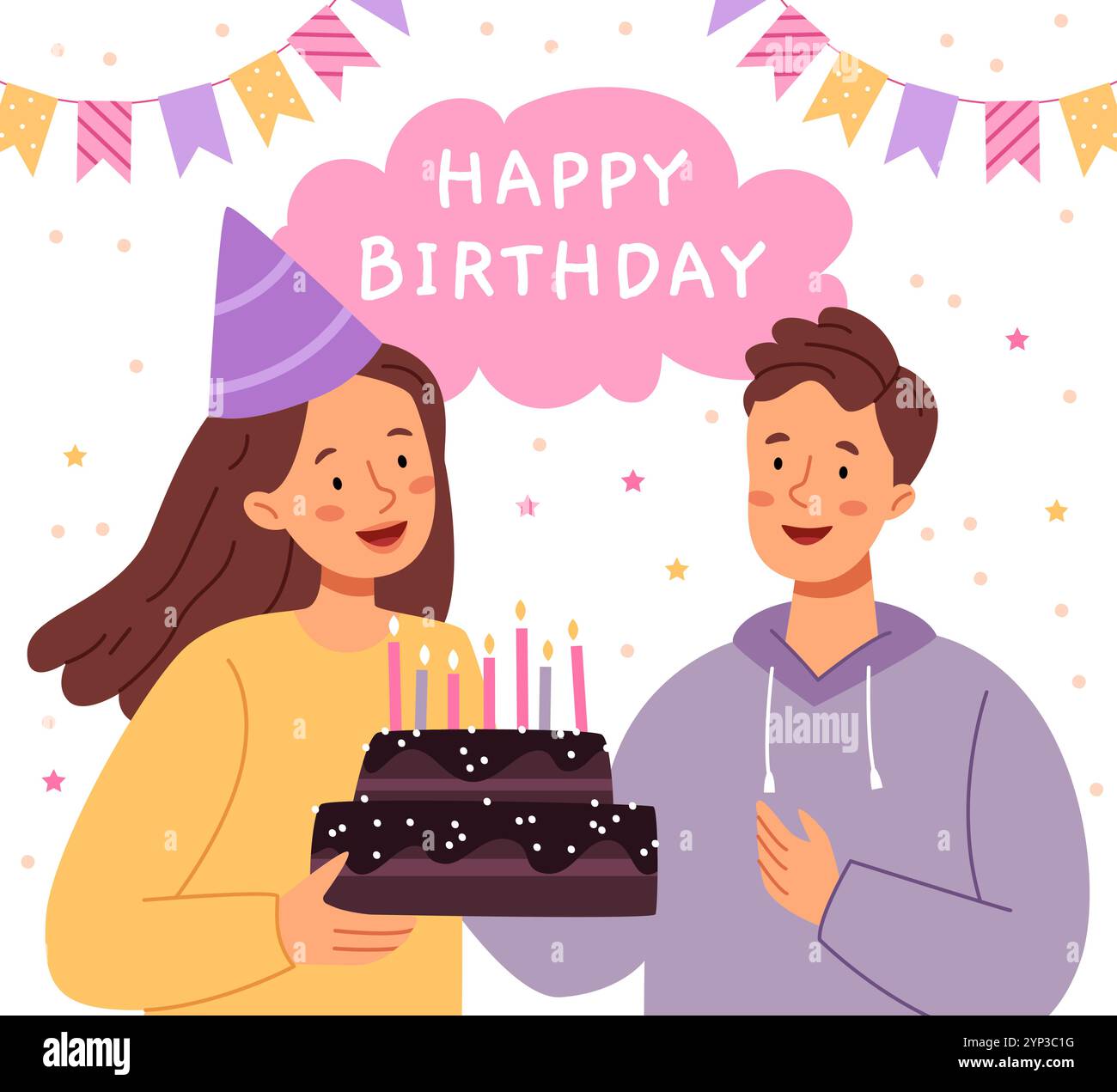 Une fille et un garçon tiennent un gâteau d'anniversaire. Ambiance festive, confettis et guirlande. Illustration de Vecteur