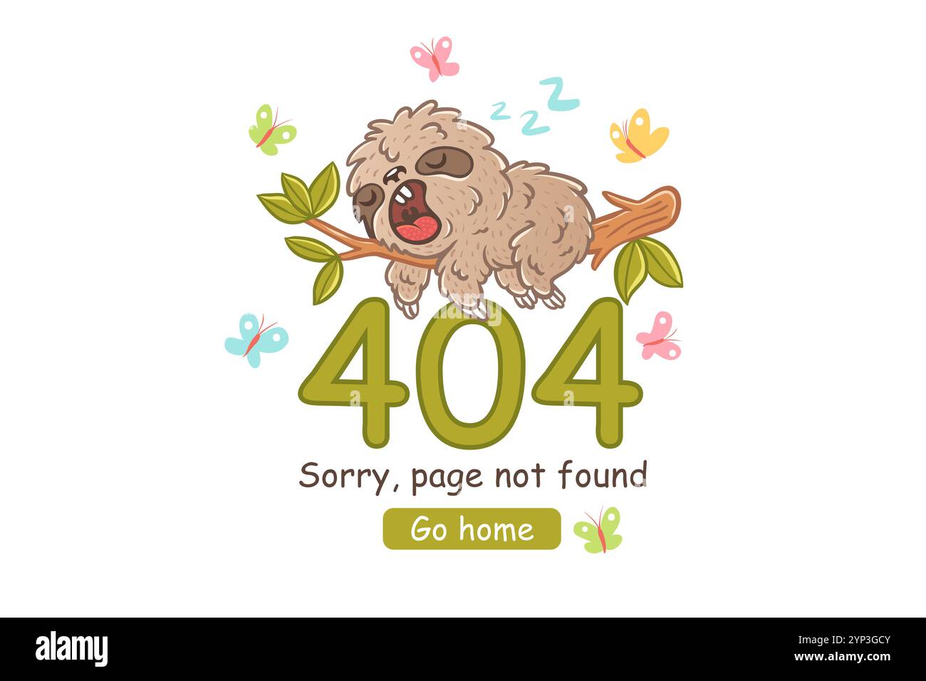 Illustration vectorielle d'un paresseux de sommeil sur la branche avec des feuilles vertes pour la page Web d'erreur 404. Page Web 404 avec paresseux et butterflyes. Illustration de Vecteur
