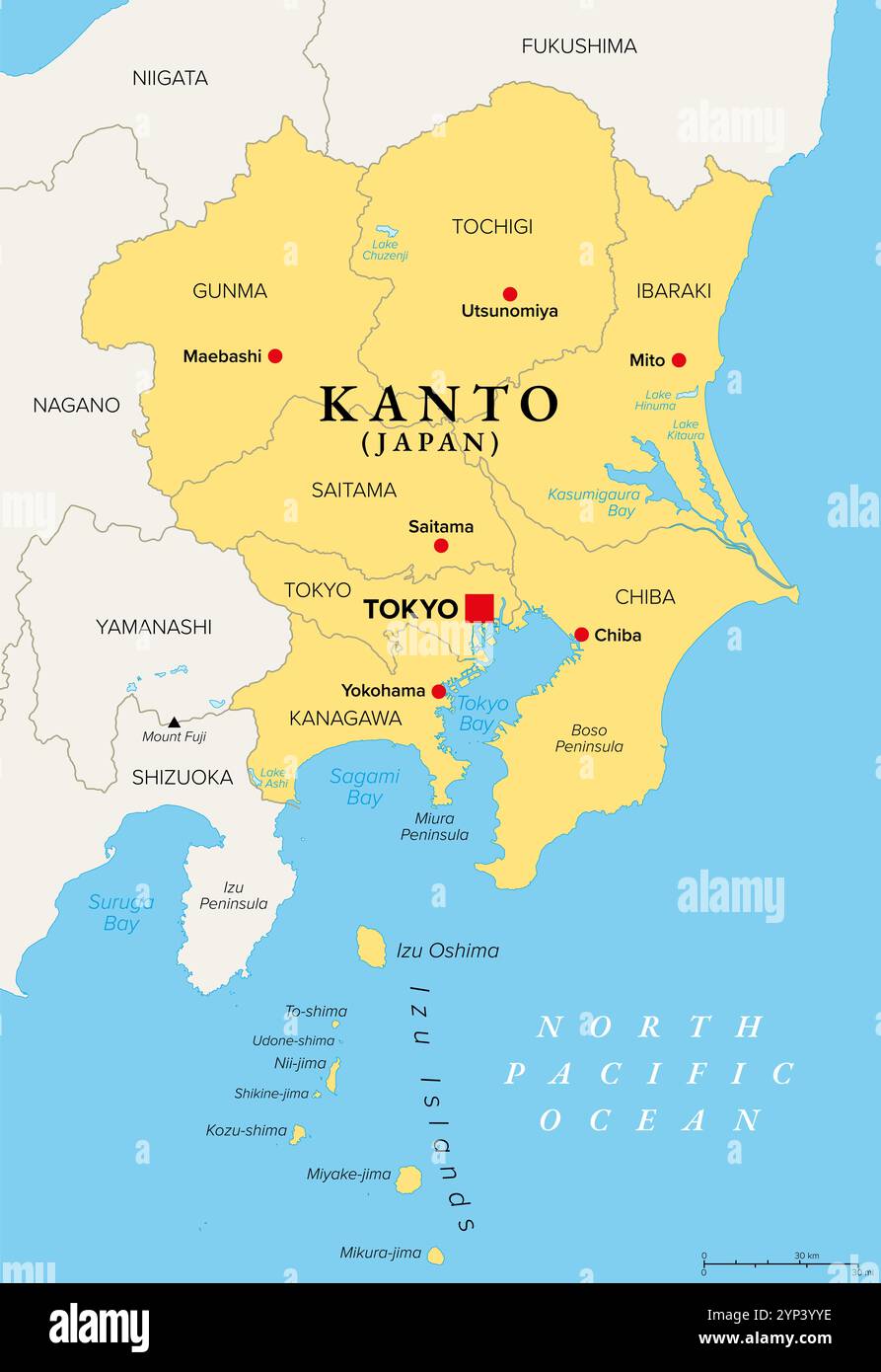 Kanto région du Japon, carte politique. Région géographique de l'île Honshu, y compris la région du Grand Tokyo. Banque D'Images