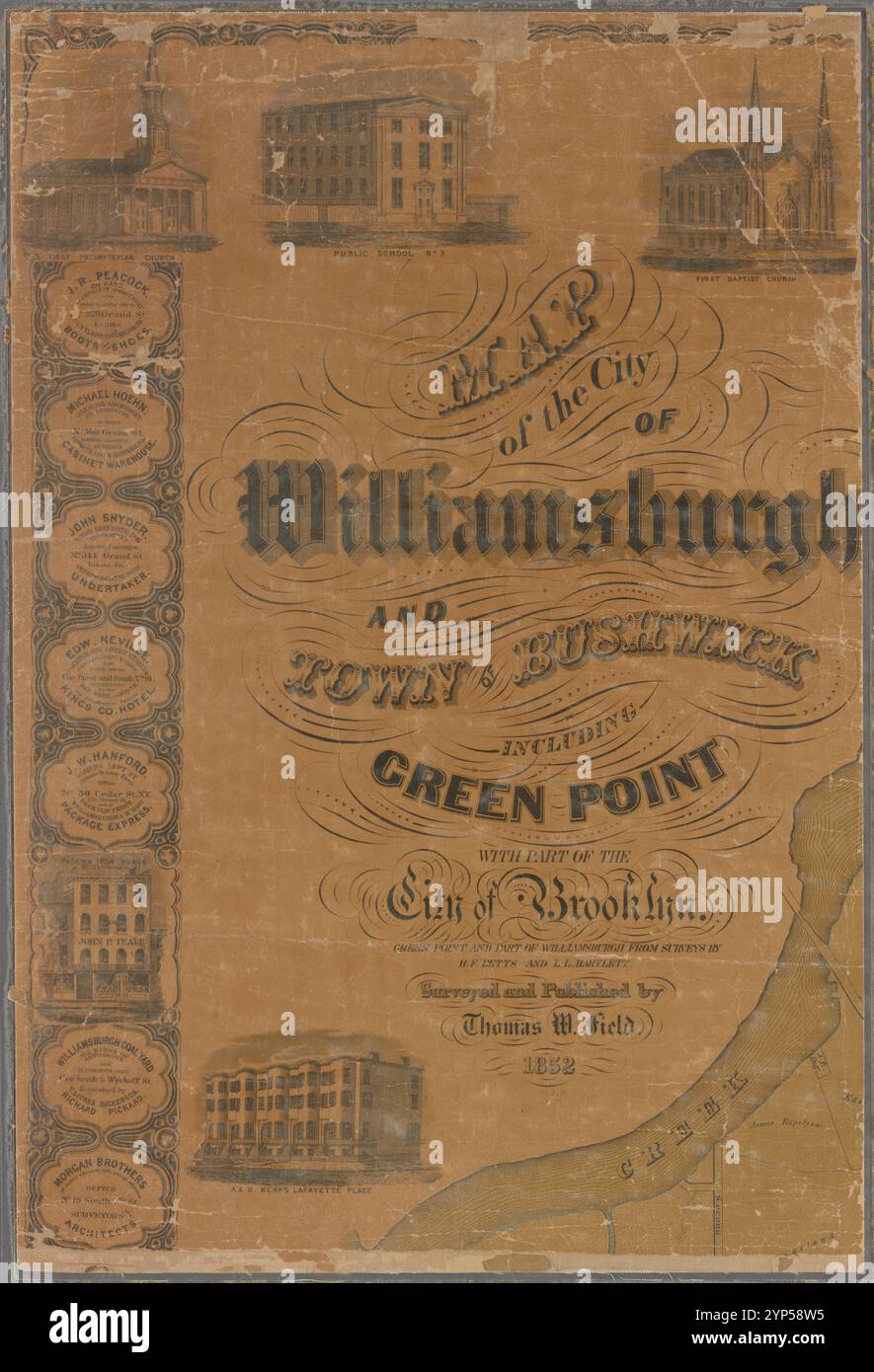 Carte de la ville de Williamsburg et de la ville de Bushwick, inclu. Greenpoint avec une partie de la ville de Brooklyn 1852 Banque D'Images