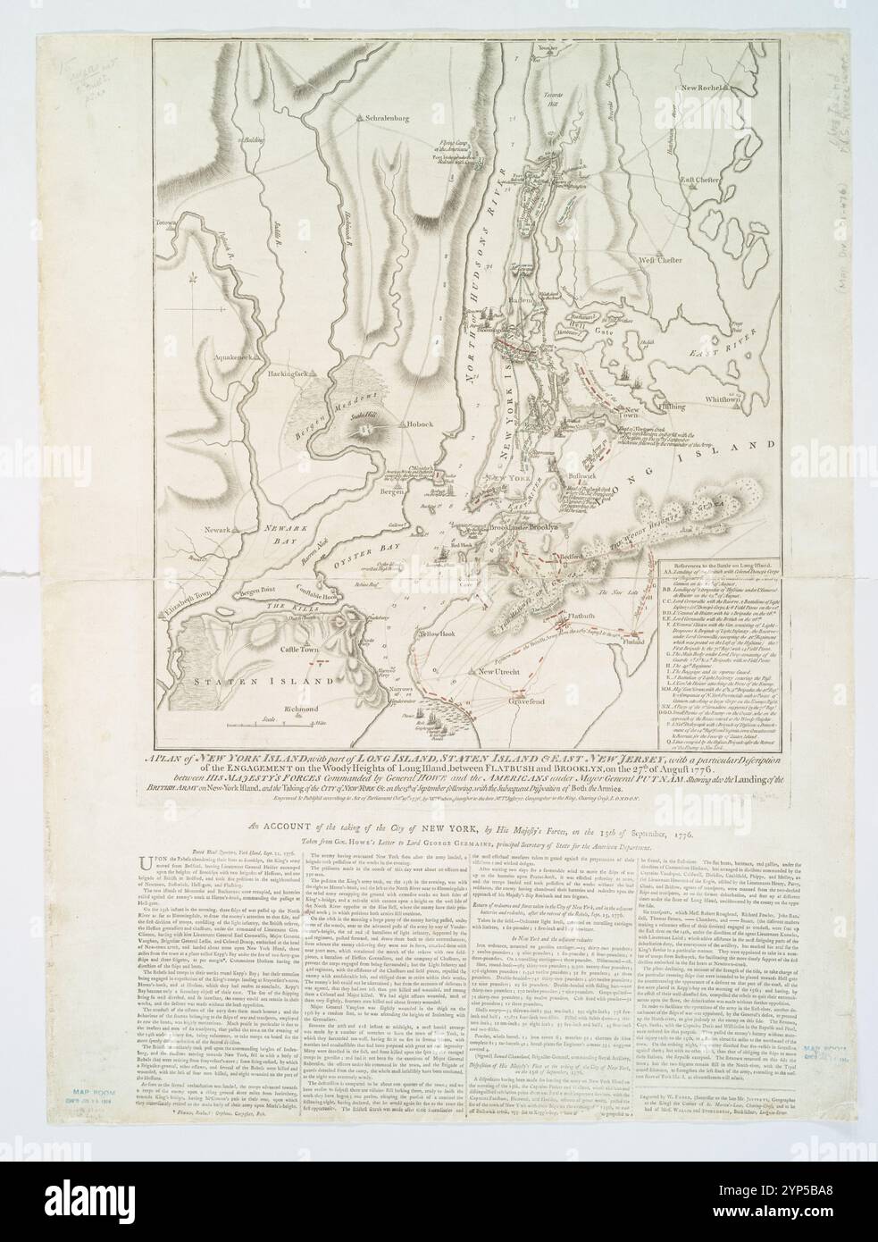 Un plan de l'île de New York, avec une partie de long Island, Staten Island et l'est du New Jersey : avec une description particulière de l'engagement sur les hauteurs boisées de long Island, entre Flatbush et Brooklyn, le 27 août 1776 entre les forces de sa Majesté commandées par le général Howe et les Américains sous le commandement du major général Putnam, qui renvoient également au débarquement de l'armée britannique sur l'île de New-York, et la ville de New-York Le 15 septembre suivant, avec la disposition ultérieure des deux armées 1776-10-19 par Faden, William, 1749-1836 Banque D'Images