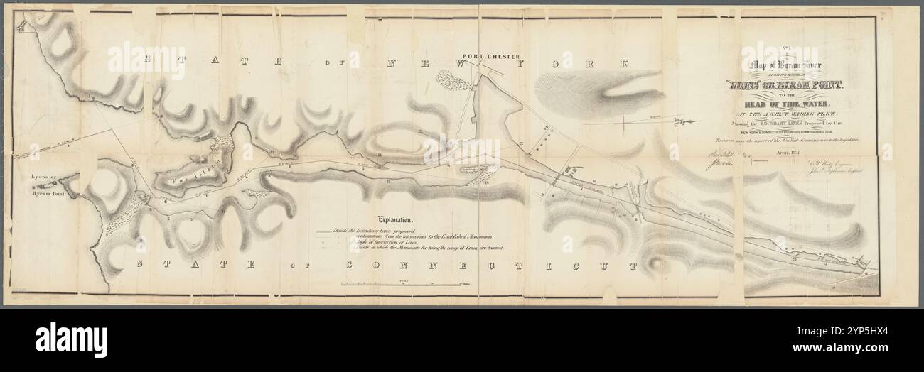 Carte de Byram River de son embouchure à 'Lyons' ou Byram point à la tête de l'eau de marée à l'ancien Wading place : montrant les lignes de frontière proposées par les New York & Connecticut Boundary Commissioners 1856 : pour accompagner le rapport des New York Commissioners à la législature 1857 par New York (State), Commissioners on the New York and Connecticut Boundary Banque D'Images
