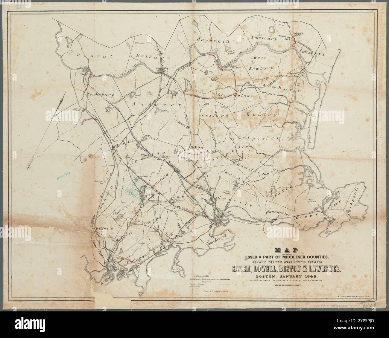 Carte de l'Essex et d'une partie des comtés du Middlesex, montrant les routes ferroviaires entre Salem, Lowell, Boston et Lawrence 1848 Banque D'Images