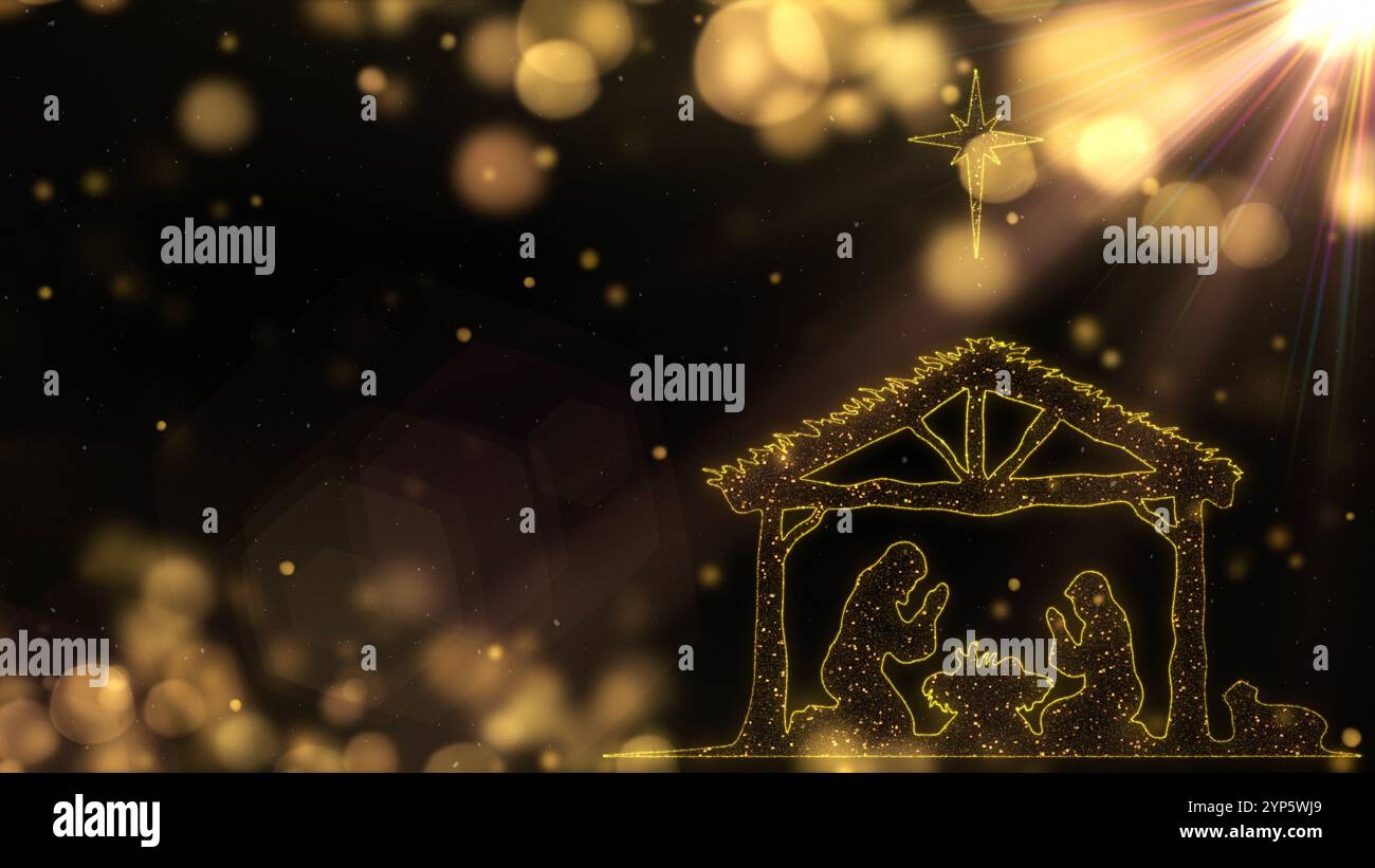 Scène de Noël lumineuse avec des particules de lumière Joseph et Marie priant dans la crèche. Histoire de Noël de la Nativité sous grande étoile. Banque D'Images