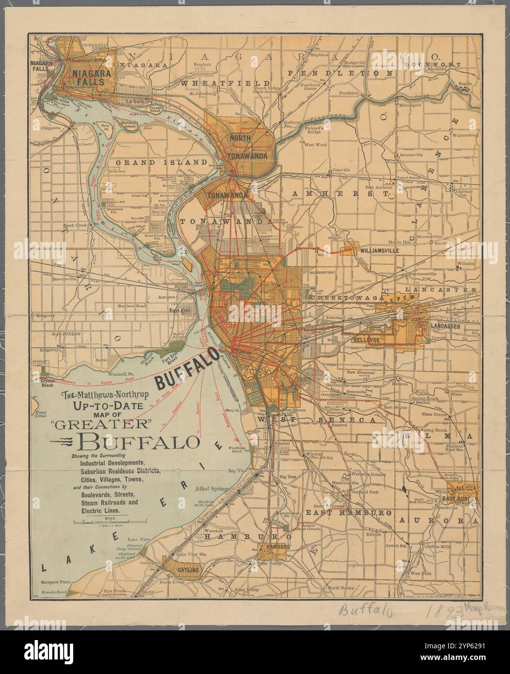 La carte Matthews-Northrup mise à jour de 'Greater' Buffalo : montrant les développements industriels environnants, les quartiers de résidence de banlieue, les villes, les villages, les villes, et leurs connexions par boulevards, rues, chemins de fer à vapeur et lignes électriques 1893 Banque D'Images