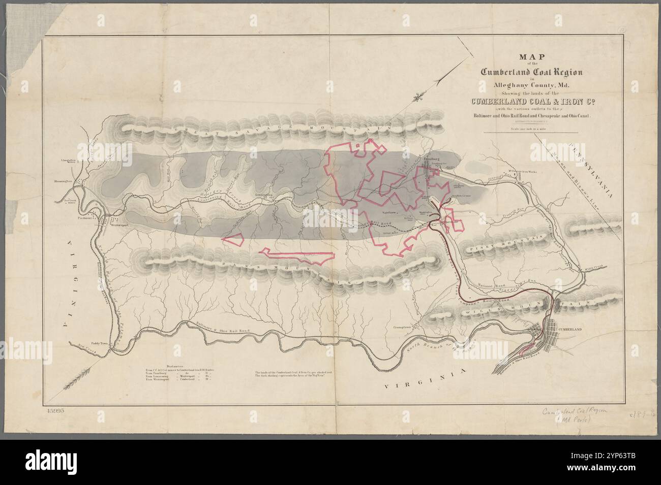 Carte de la région charbonnière de Cumberland dans le comté d'Alleghany, Md. : montrant les terres du Cumberland Coal and Iron Co., avec les différents débouchés du Baltimore and Ohio Railroad et du Chesapeake and Ohio canal 1887 Banque D'Images