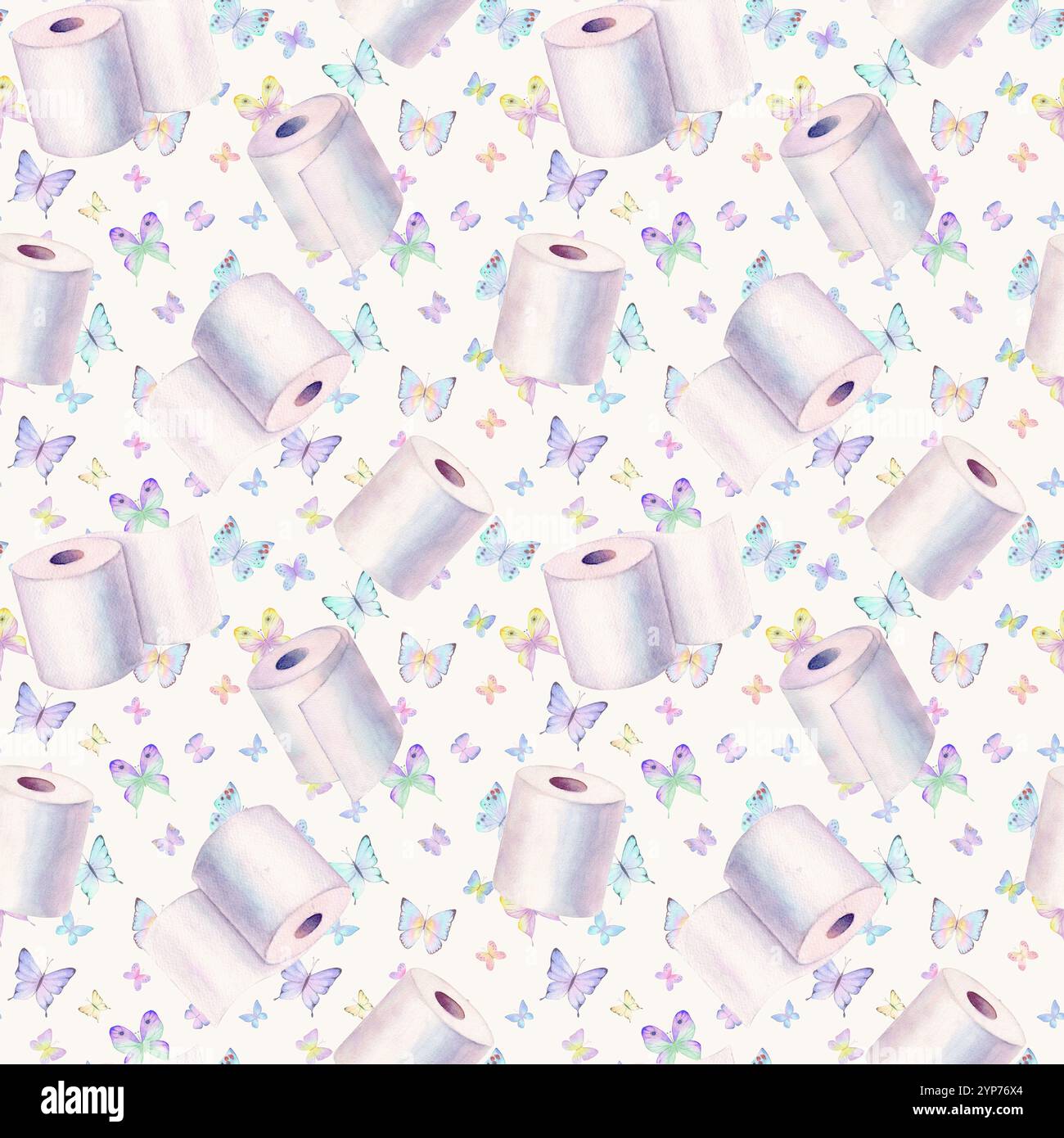 Papier toilette aquarelle abstrait et fond papillon. Rouleaux dessinés à la main et motif de papillons. Texture colorée de l'aquarelle. Imprimés en matières textiles, Banque D'Images