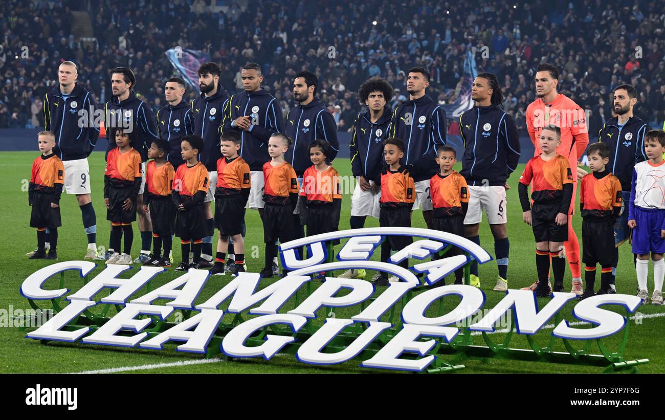 MANCHESTER - Erling Haaland de Manchester City FC, Jack Grealish de Manchester City FC, Phil Foden de Manchester City FC, Matheus Nunes de Manchester City FC, Manuel Akanji de Manchester City FC, Ilkay Gundogan de Manchester City FC, Rico Lewis de Manchester City FC, Josko Gvardiol de Manchester City FC, Nathan Ake de Manchester City FC, le gardien de Manchester City FC Ederson, Bernardo Silva de Manchester City FC lors du match de l'UEFA Champions League entre Manchester City FC et Feyenoord à l'Etihad Stadium le 26 novembre 2024 à Manchester, Angleterre. ANP | Hollandse Hoogte | GERRIT VAN Banque D'Images