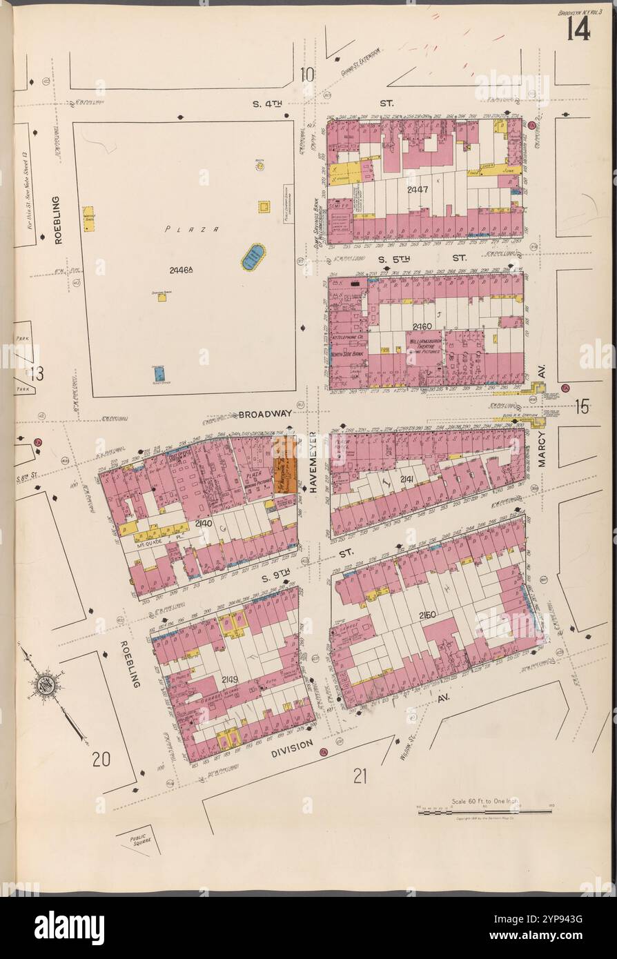 Brooklyn V. 3, plate No. 14 [Map Bounded by S.4th réunis, Marcy Ave., Division Ave., Roebling] 1884 - 1936 Banque D'Images