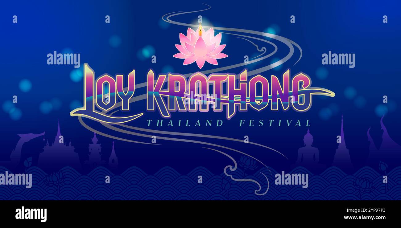 loy krathong bannière salutation et célébration thaïlande culte traditionnel de la rivière. typographie et lettrage décorent avec fleur de lotus et bougie Illustration de Vecteur