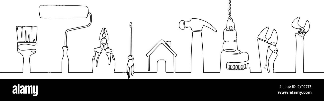 outils de travail craftsman vue de dessus dessin ligne continue minimalisme fond Illustration de Vecteur