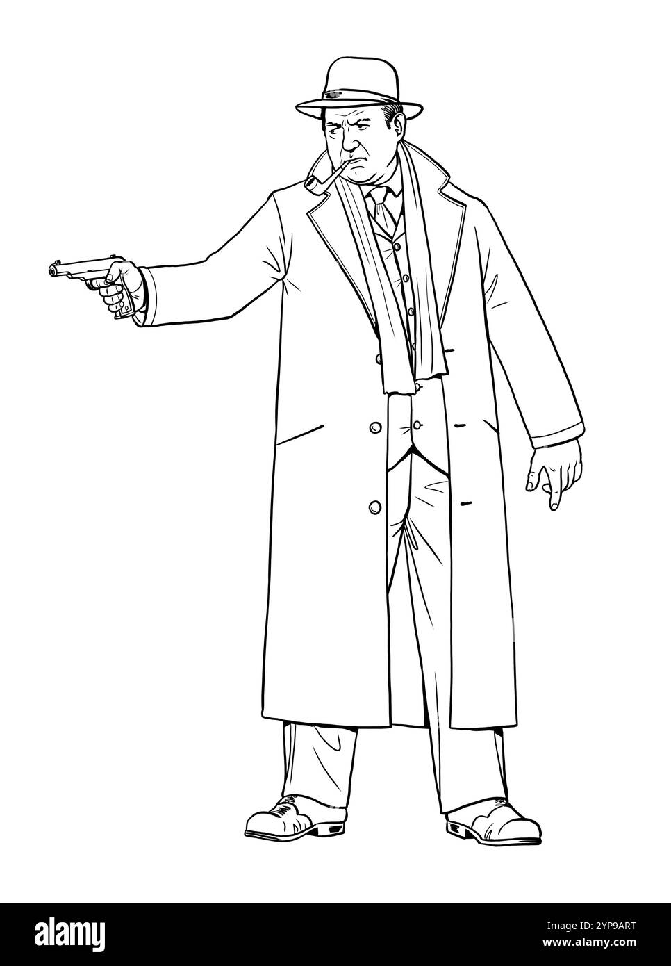 Un détective avec une arme en service. Inspecteur de police des années 1950 Dessin de livre de coloriage. Banque D'Images