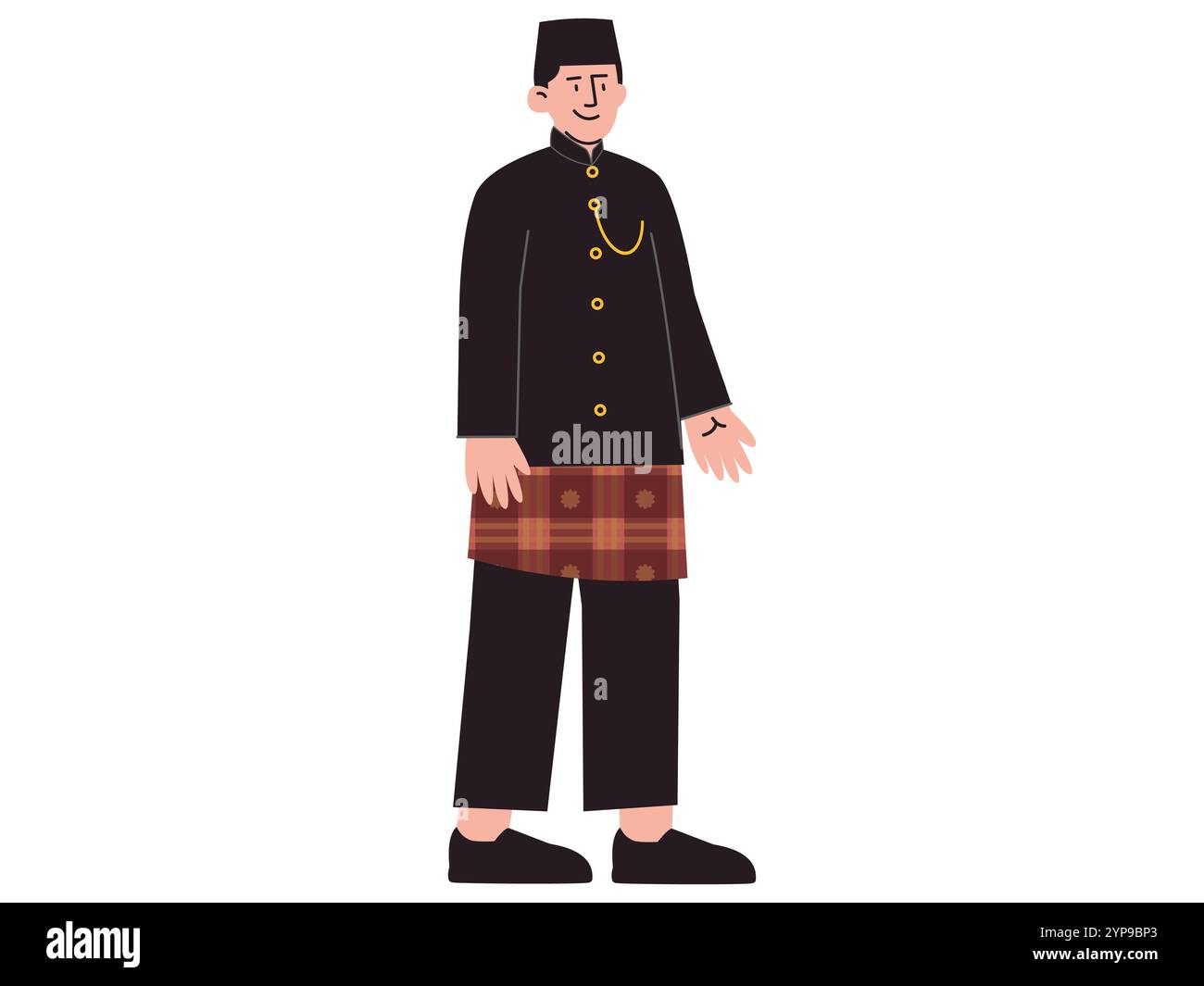 Baju Tutu Kurung Melayu vêtements traditionnels Indonésie Sumatra Malaisie style de vêtements culturels kupiah peci coiffe batik jupe design icône colorée Illustration de Vecteur