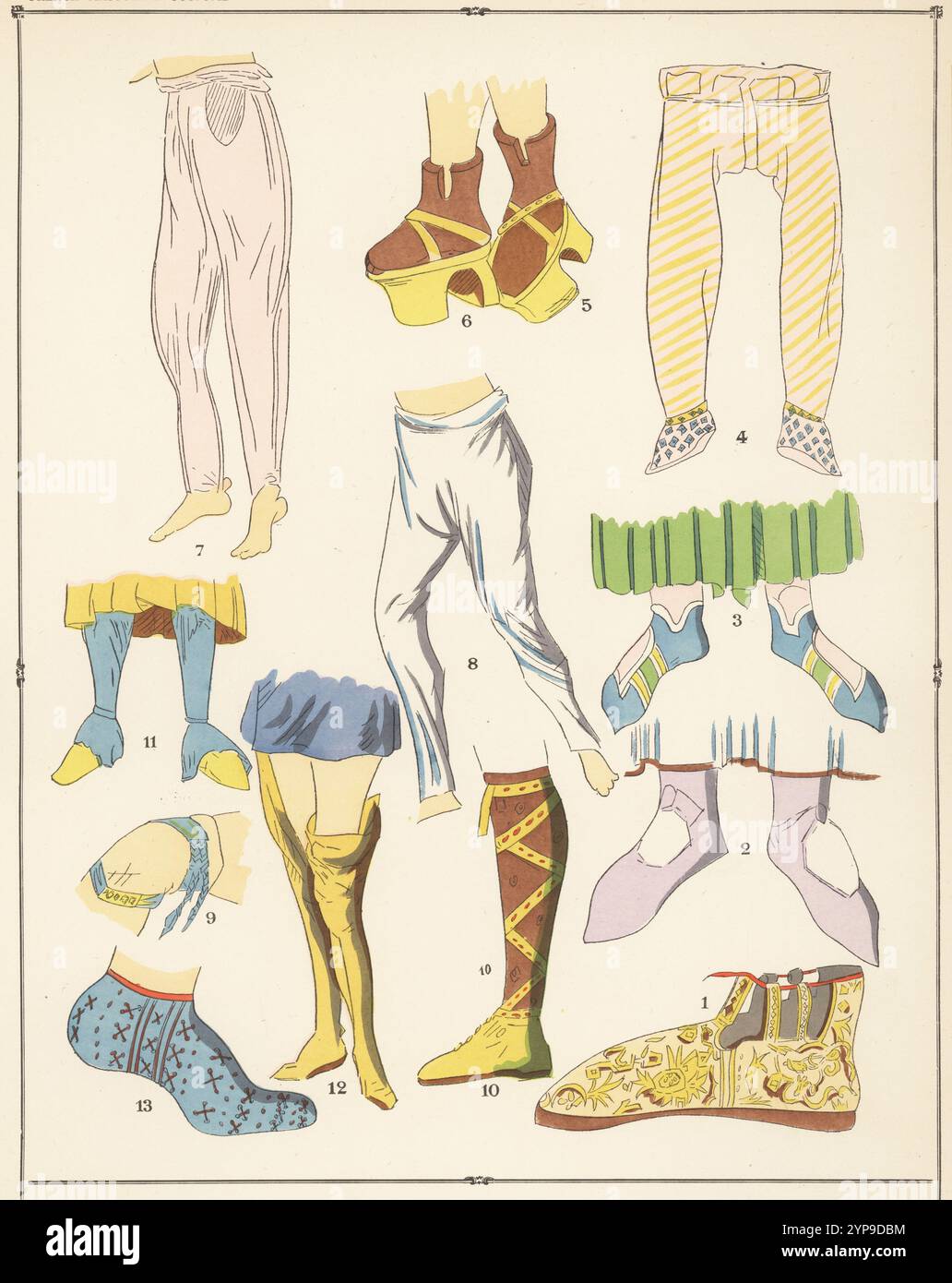 Chaussures pour hommes portées par les Gaulois au moyen âge. Chaussure Charlemagne 1, chaussure Clovis I 2, chaussures Louis IX 3, braies trouvées dans le Jutland tourbe 4, chaussures à semelles hautes à plateforme 5,6, braies paysannes 7, pantalon allemand 8, jarretières 9, chaussures carlovingiennes 12, laçage gallo-romain des jambes 10, chaussures de compatriote du XIIe siècle 11, et chaussures du père de Louis IX 13. Lithographie pochoir (pochoir) colorée à la main tirée de Paul Louis de Giafferri, histoire du costume masculin français de 420 à 1870, Foreign Publications, New York, 1927. Banque D'Images