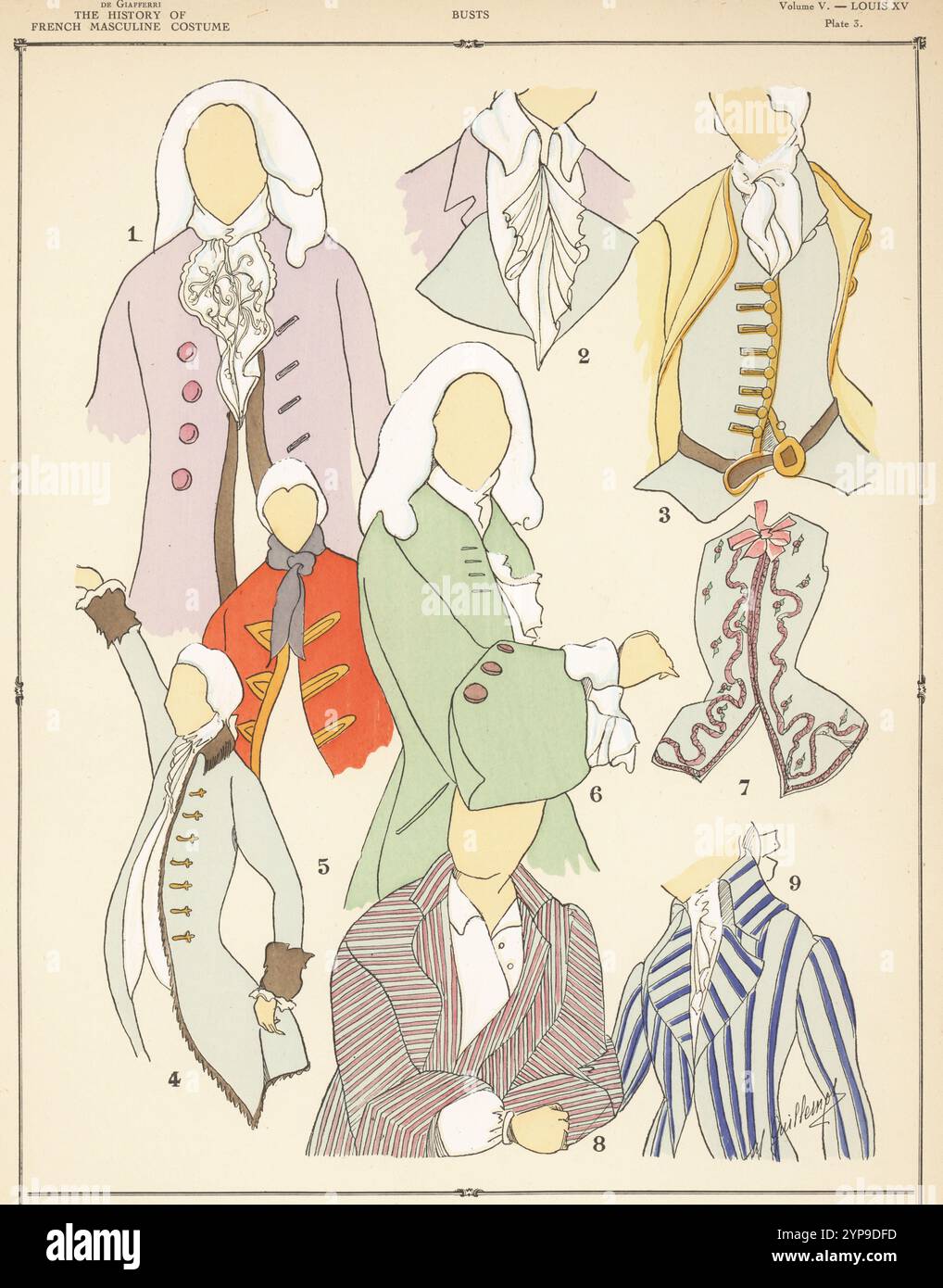 Bustes pour hommes, époque Louis XV. manteau mauve avec gilet marron 1, col et jabot 2, gilet et ceinture portés par François Desportes 3, costume d'hiver 4, cravate et manteau 5, manteau de cérémonie porté par René femelle 6, gilet Louis XV garni de ruban roses 7, costume de salon porté par Jacques Dumont, et manteau bleu rayé 9. Lithographie pochoir (pochoir) colorée à la main par M. Guillemot tirée de Paul Louis de Giafferri de 420 à 1870, Foreign Publications, New York, 1927. Banque D'Images