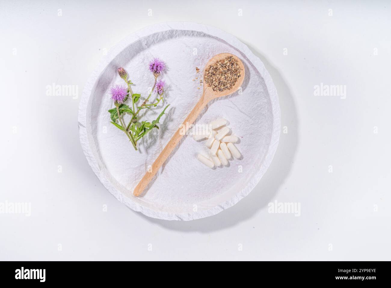 Fournitures de chardon de lait, poudre et huile. Silybum marianum, superaliment biologique naturel de fleurs sauvages - graines entières et de grains, pilules, huile avec frais Banque D'Images