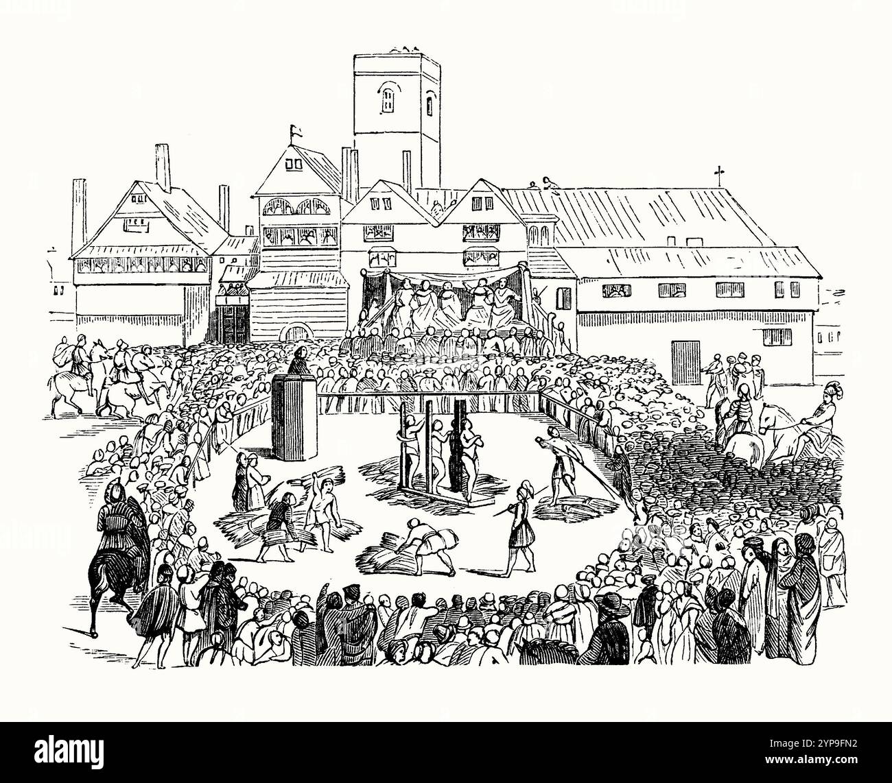 Une vieille gravure de l'incendie sur le bûcher, devant de nombreux spectateurs, qui a eu lieu à Smithfield, Londres, Angleterre, Royaume-Uni en 1546 - elle est tirée d'un livre d'histoire victorien. Anne Askew a été brûlée sur le bûcher ici, à l'âge de 25 ans, le 16 juillet avec John Lascelles, Nicholas Belenian et John Adams. Anne Askew (Ayscough ou Ascue (1521-1546), est une écrivaine, poète et prédicatrice anglaise condamnée comme hérétique sous le règne d'Henry VIII. Elle et Margaret Cheyne sont les seules femmes connues pour avoir été torturées dans la Tour de Londres et brûlées sur le bûcher. Banque D'Images