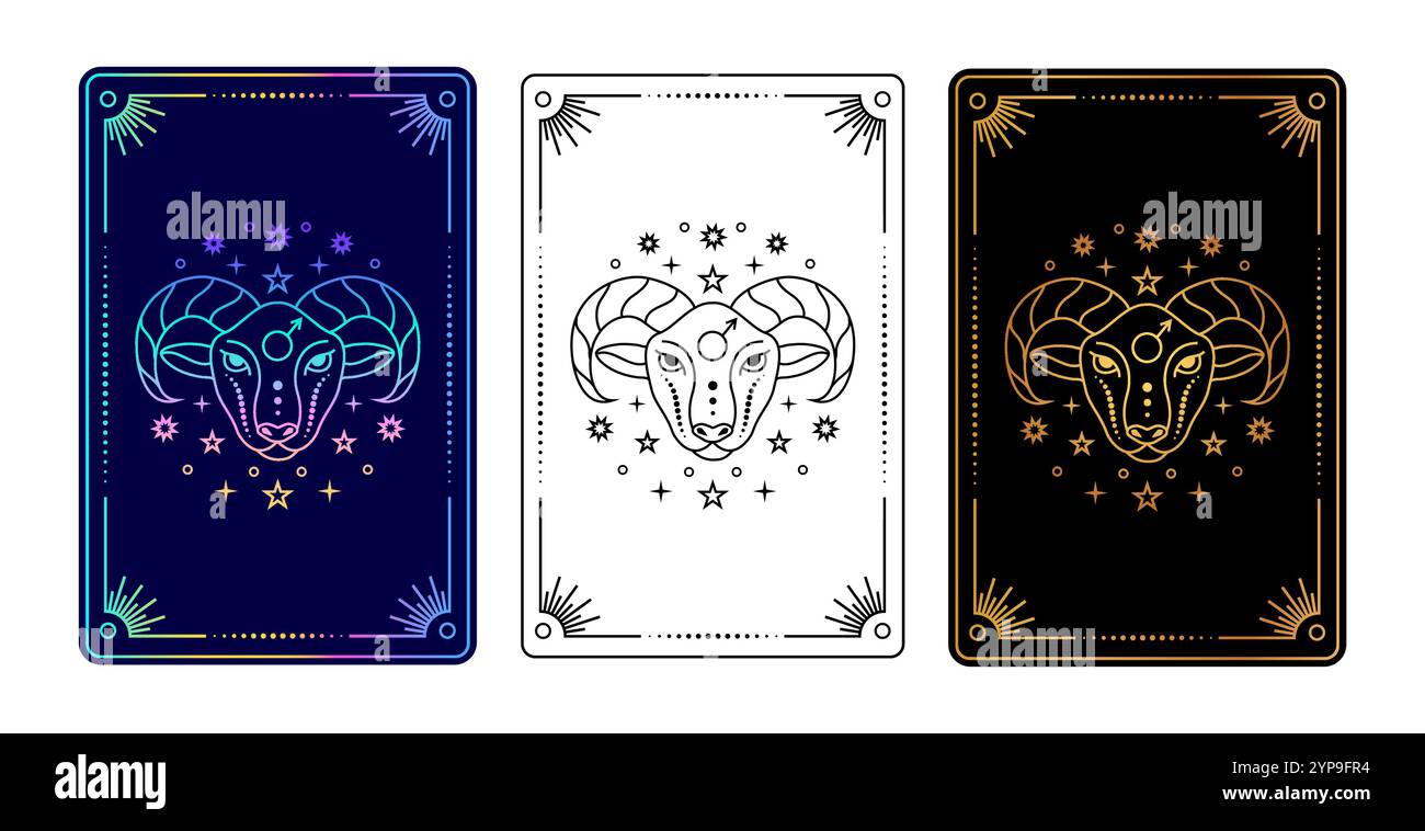 Lot de trois cartes de tarot avec signe du zodiaque Bélier Illustration de Vecteur