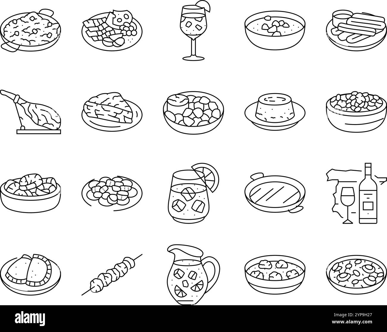 vecteur de jeu d'icônes de tapas de nourriture espagnole de cuisine paella Illustration de Vecteur