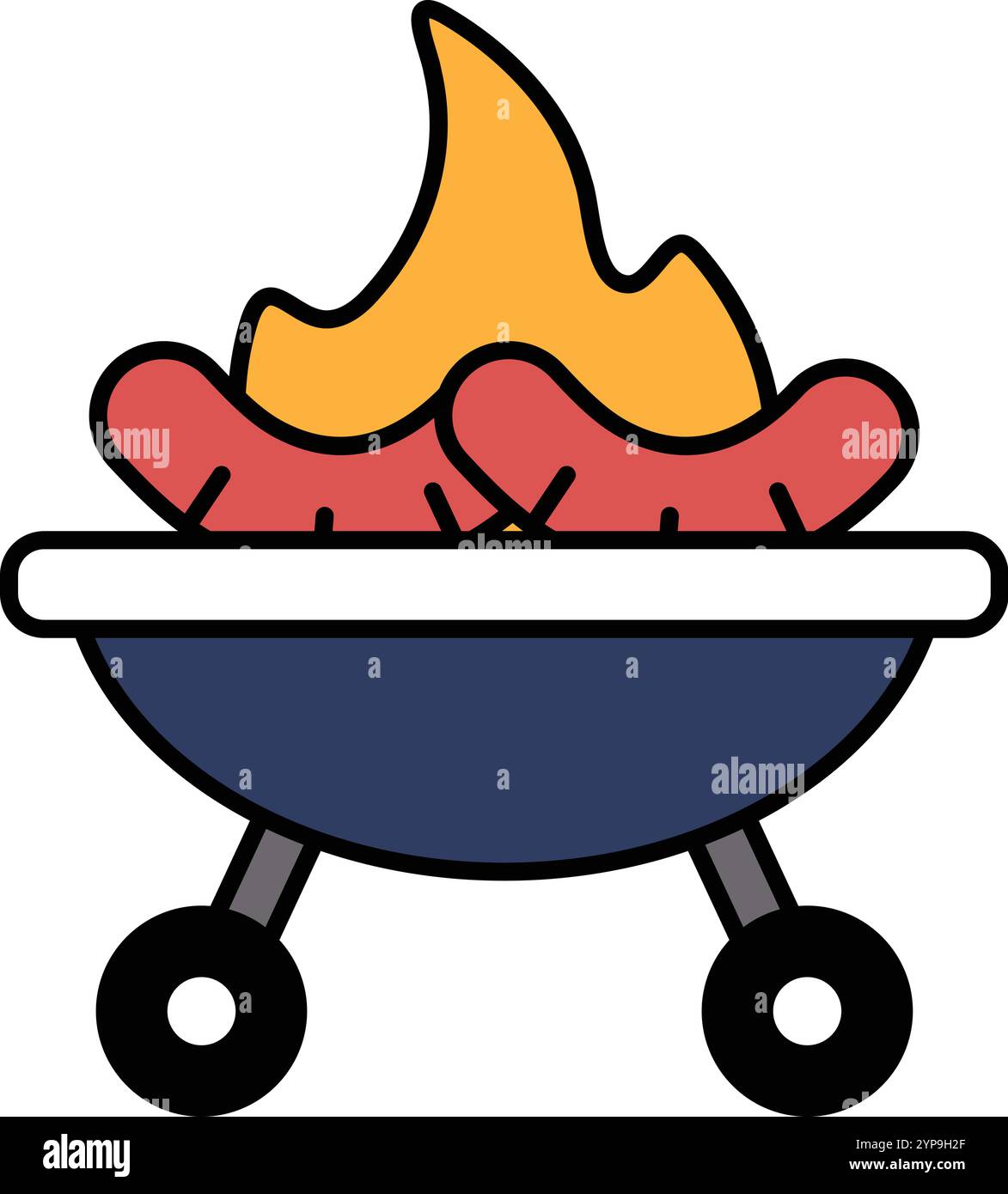 Un dessin animé d'un grill avec des hot-dogs dessus. Les hot-dogs sont rouges et jaunes. Le gril est bleu et blanc Illustration de Vecteur Un dessin animé d'un grill avec des hot-dogs dessus. Les hot-dogs sont rouges et jaunes. Le gril est bleu et blanc Illustration de Vecteur