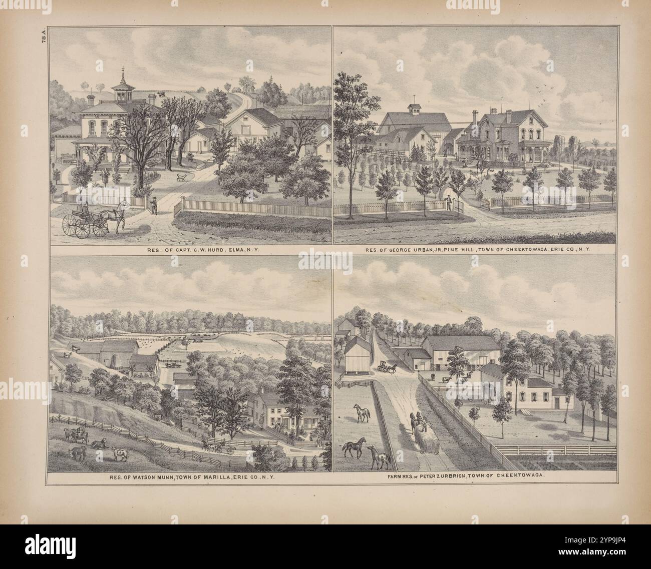 Res. Du Capt. C. W. Hurd, Elma, N.Y. ; Res. De George Urban, Jr., Pine Hill, ville de Cheektowaca, Erie Co., N.Y. ; Res. De Watson Munn, ville de Marilla, Erie Co., N.Y. ; Farm Res. De Peter Zurbrick, ville de Cheektowaga 1880 par F.W. Beers & Co. Banque D'Images